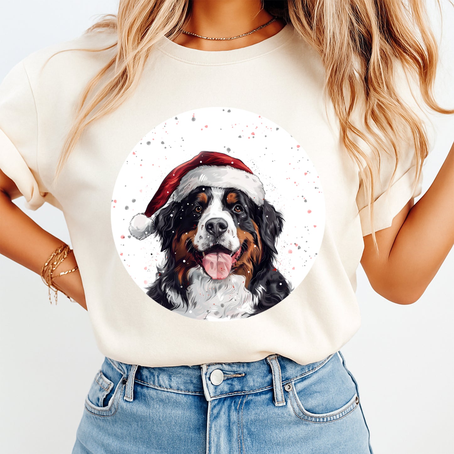 Christmas Bernese Mountain Dog Santa Hat DTF Transfer – Round Snowfall Portrait Ready to Press Iron On Heat Transfer for DIY Shirts 12096