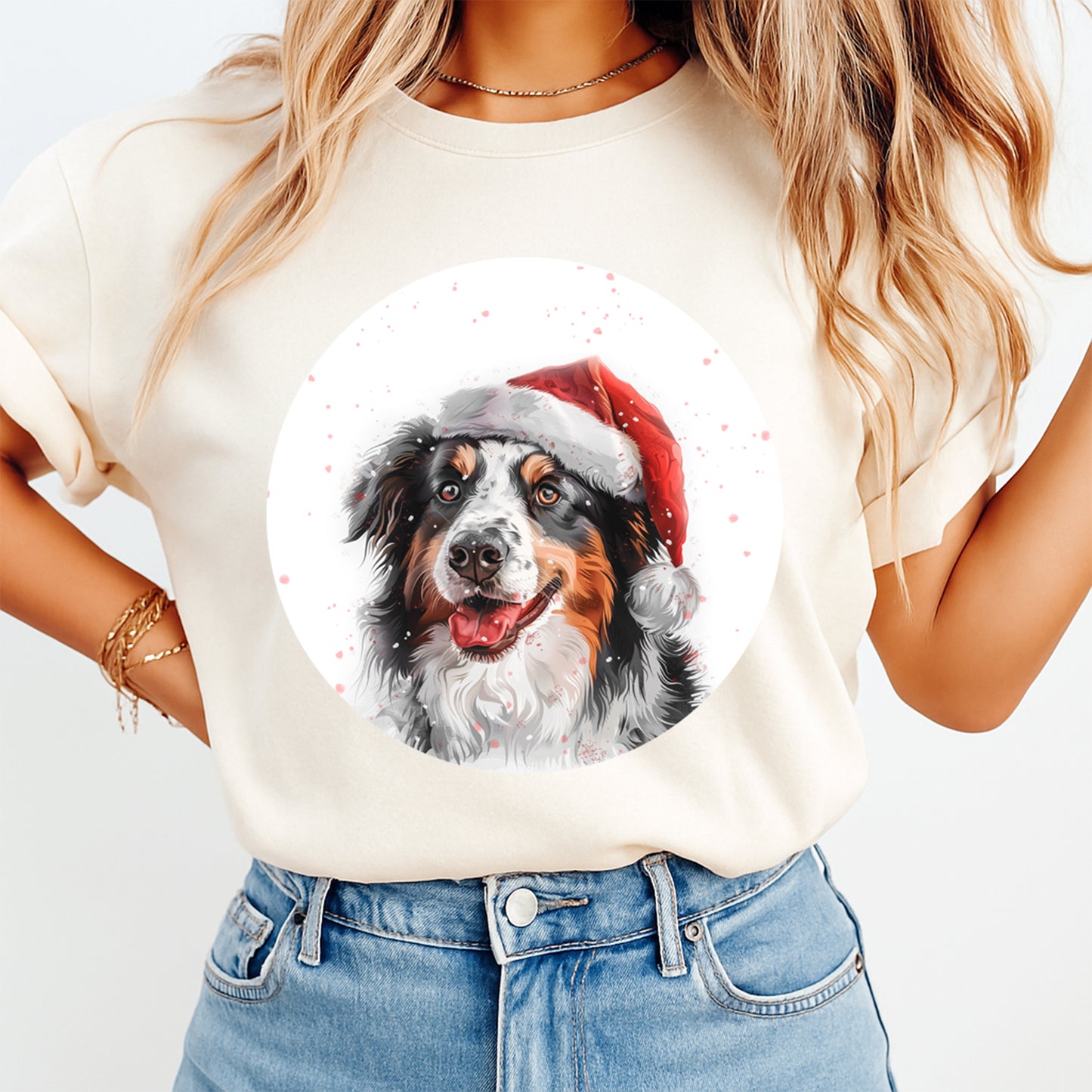 Christmas Australian Shepherd Santa Hat DTF Transfer – Round Snowfall Portrait Ready to Press Iron On Heat Transfer for DIY Shirts 12103