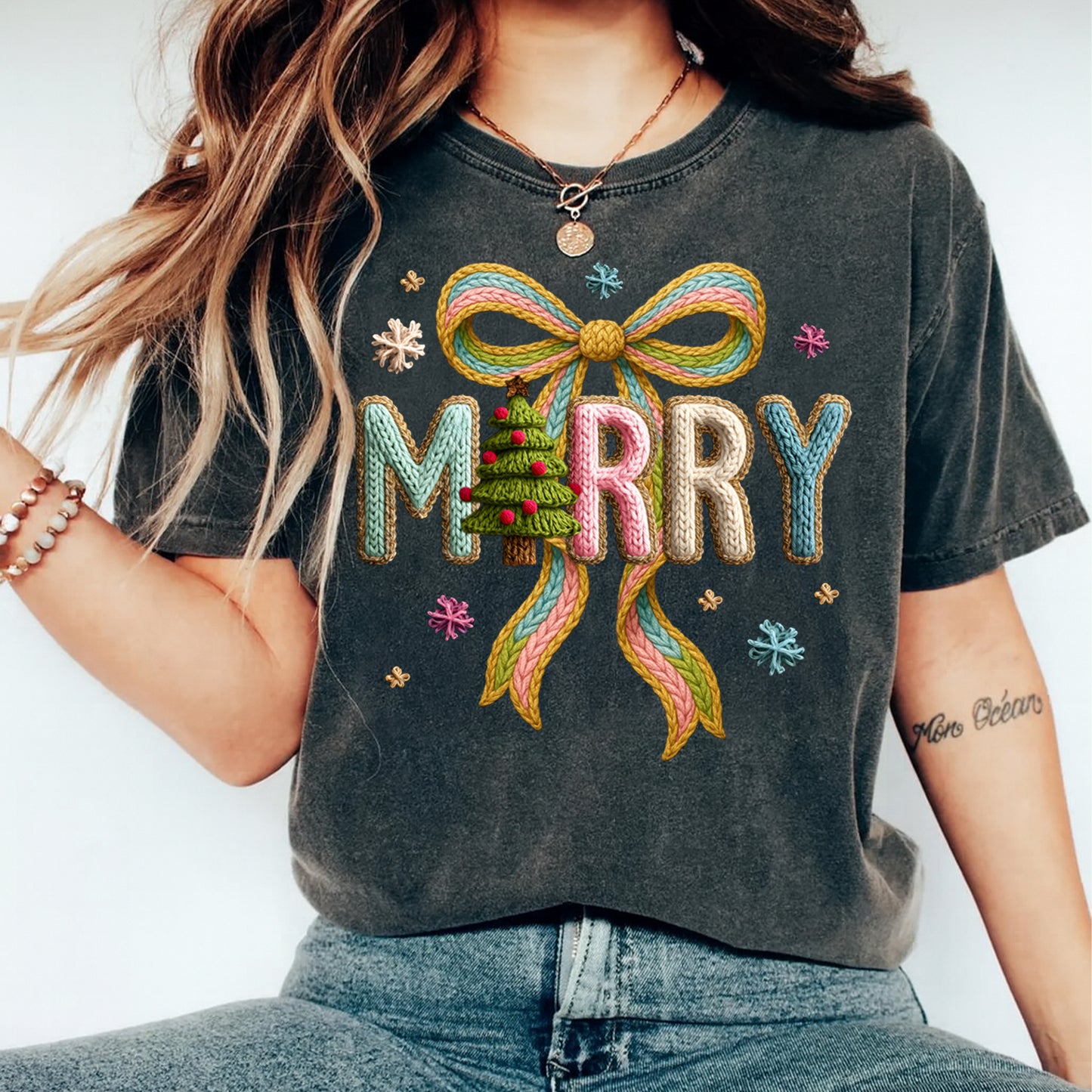 Christmas MARRY Yarn Knit Bow DTF Transfer – Ready to Press Iron On Heat Transfer for DIY Christmas Shirts 12120