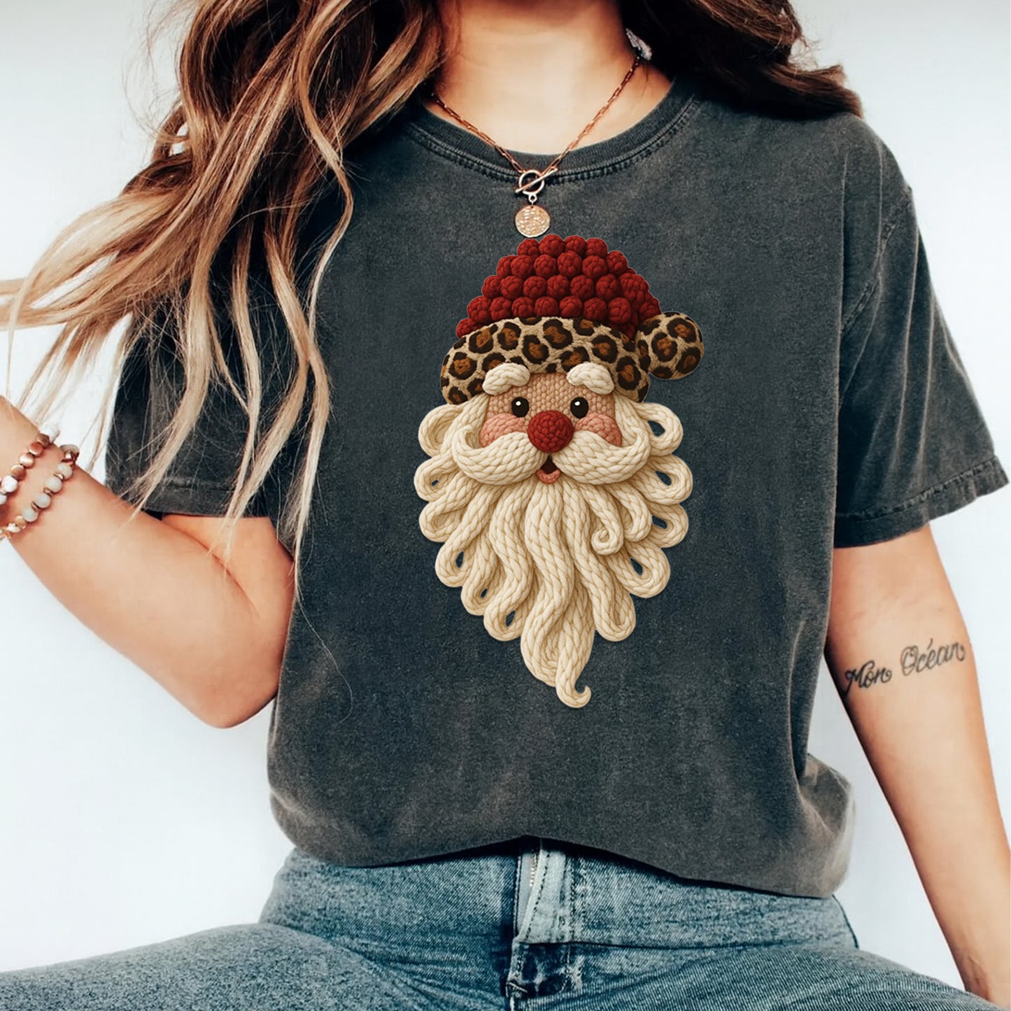 Christmas Leopard Santa DTF Transfer – Crochet Texture Holiday Iron On Heat Transfer for DIY Christmas Shirts 12129