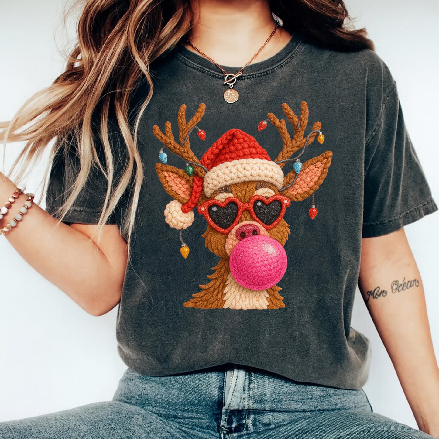 Christmas Reindeer Bubblegum DTF Transfer – Crochet Texture Holiday Iron On Heat Transfer for DIY Christmas Shirts 12135