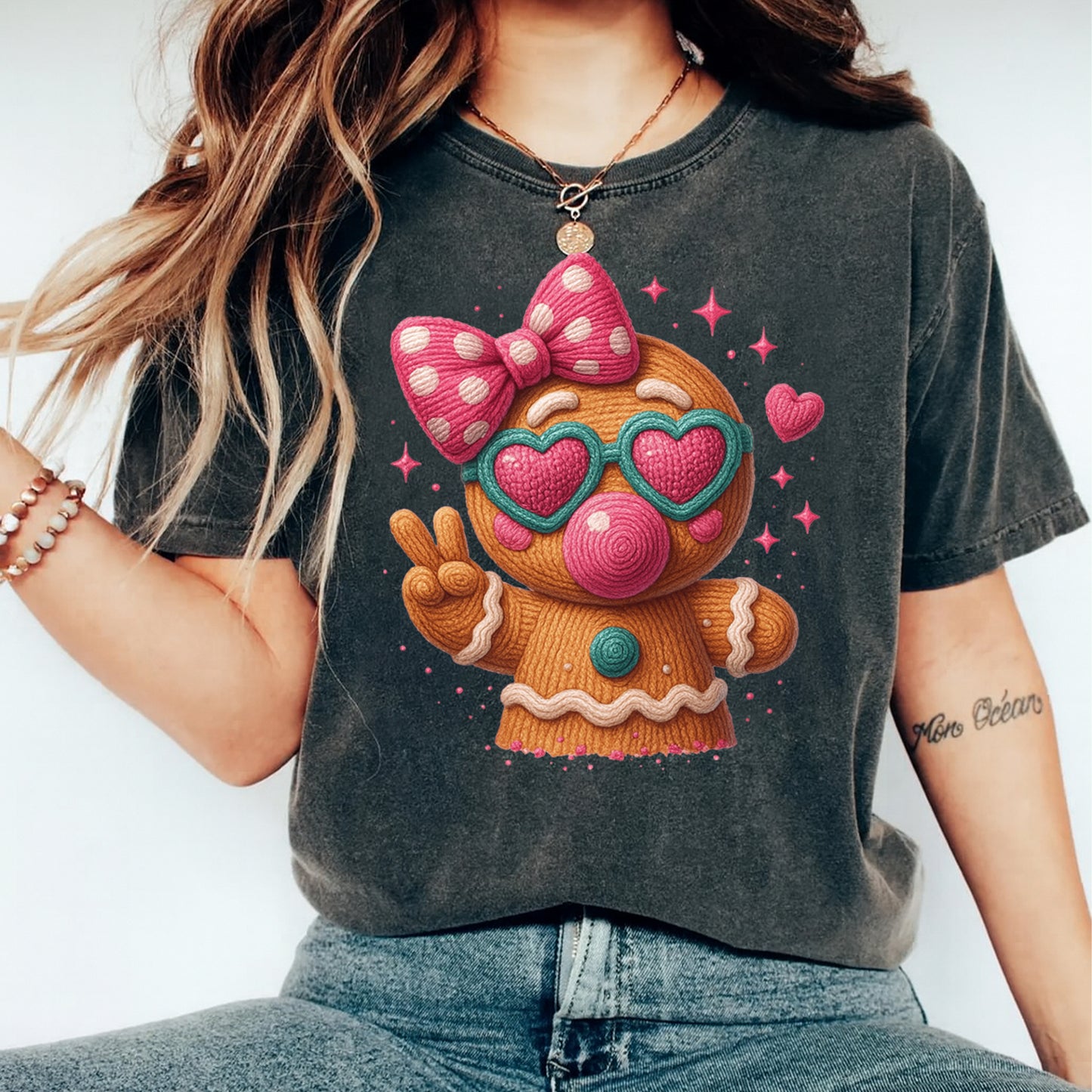 Christmas Gingerbread Girl Peace Sign DTF Transfer – Crochet Texture Bubblegum Holiday Iron On Heat Transfer for DIY Christmas Shirts 12141