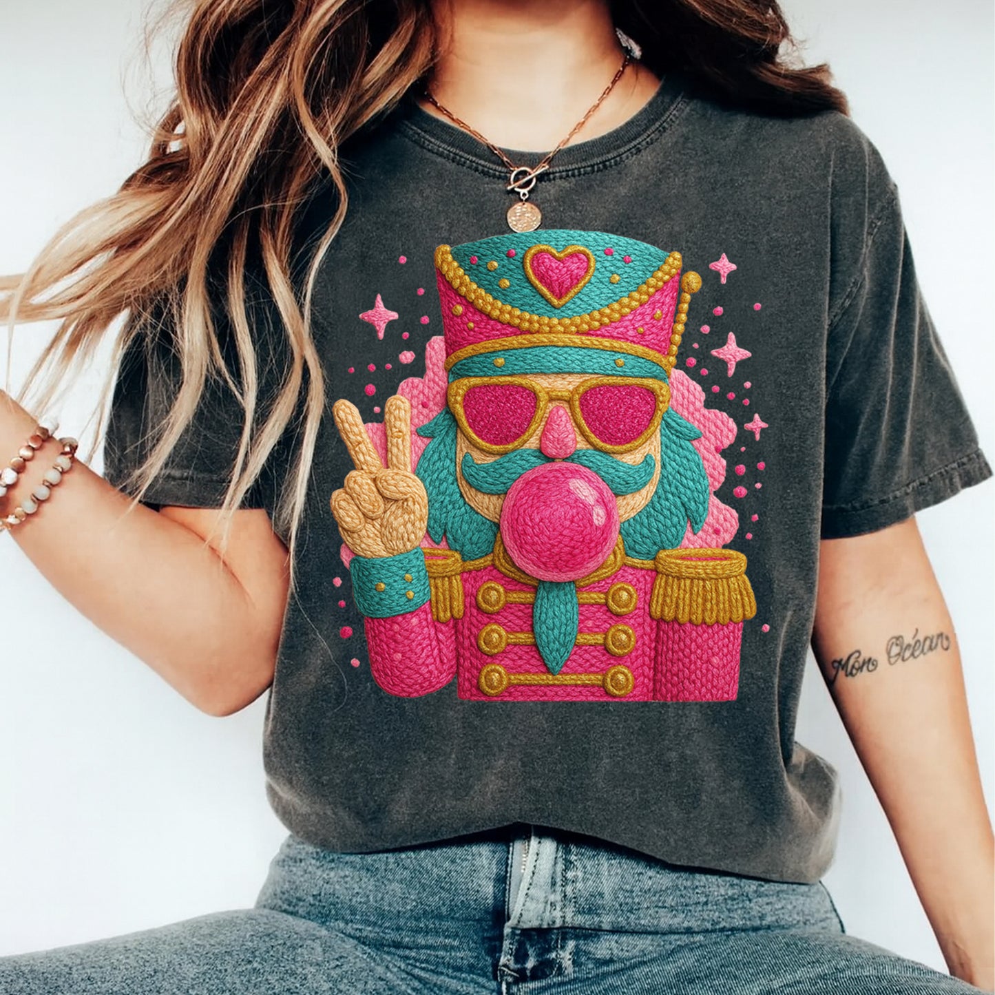 Christmas Nutcracker Bubblegum DTF Transfer – Crochet Texture Peace Sign Holiday Iron On Heat Transfer for DIY Christmas Shirts 12142