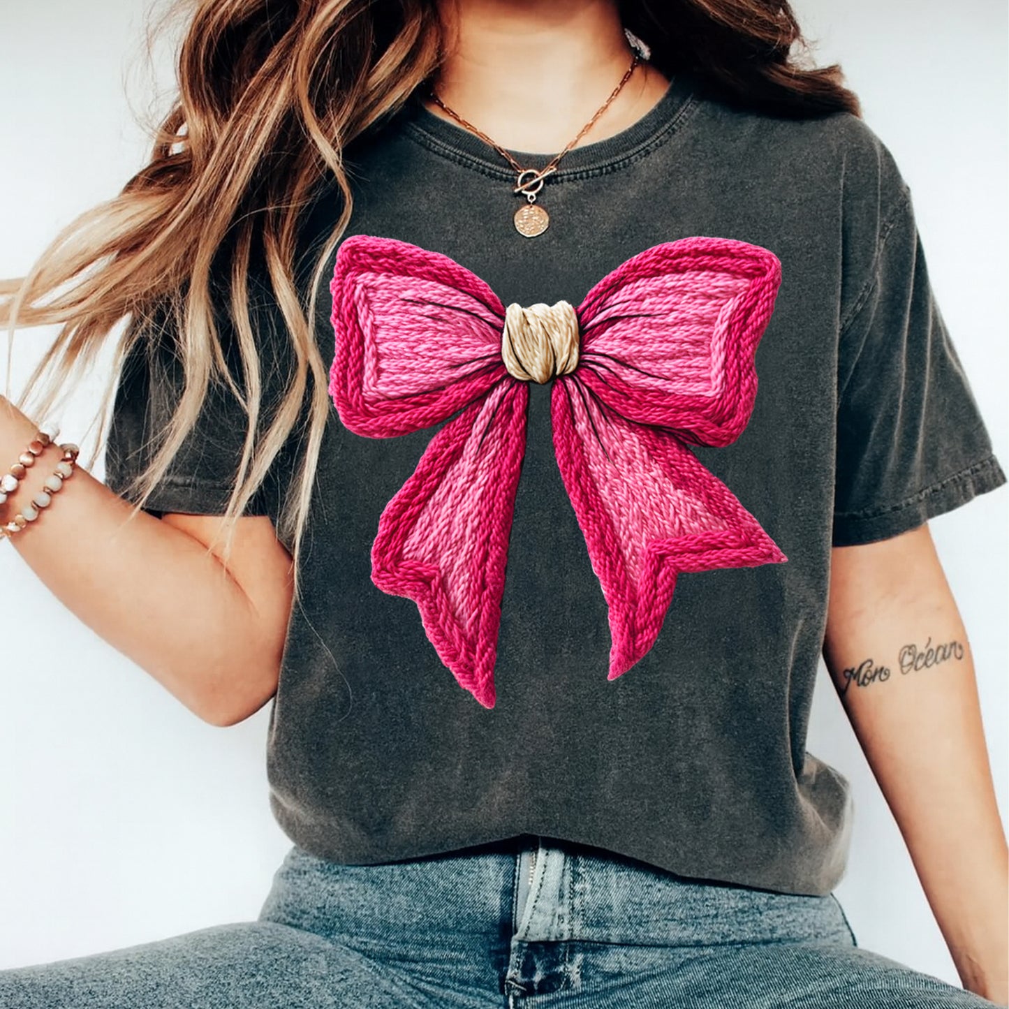 Christmas Pink Bow DTF Transfer – Crochet Texture Holiday Iron On Heat Transfer for DIY Christmas Shirts 12145