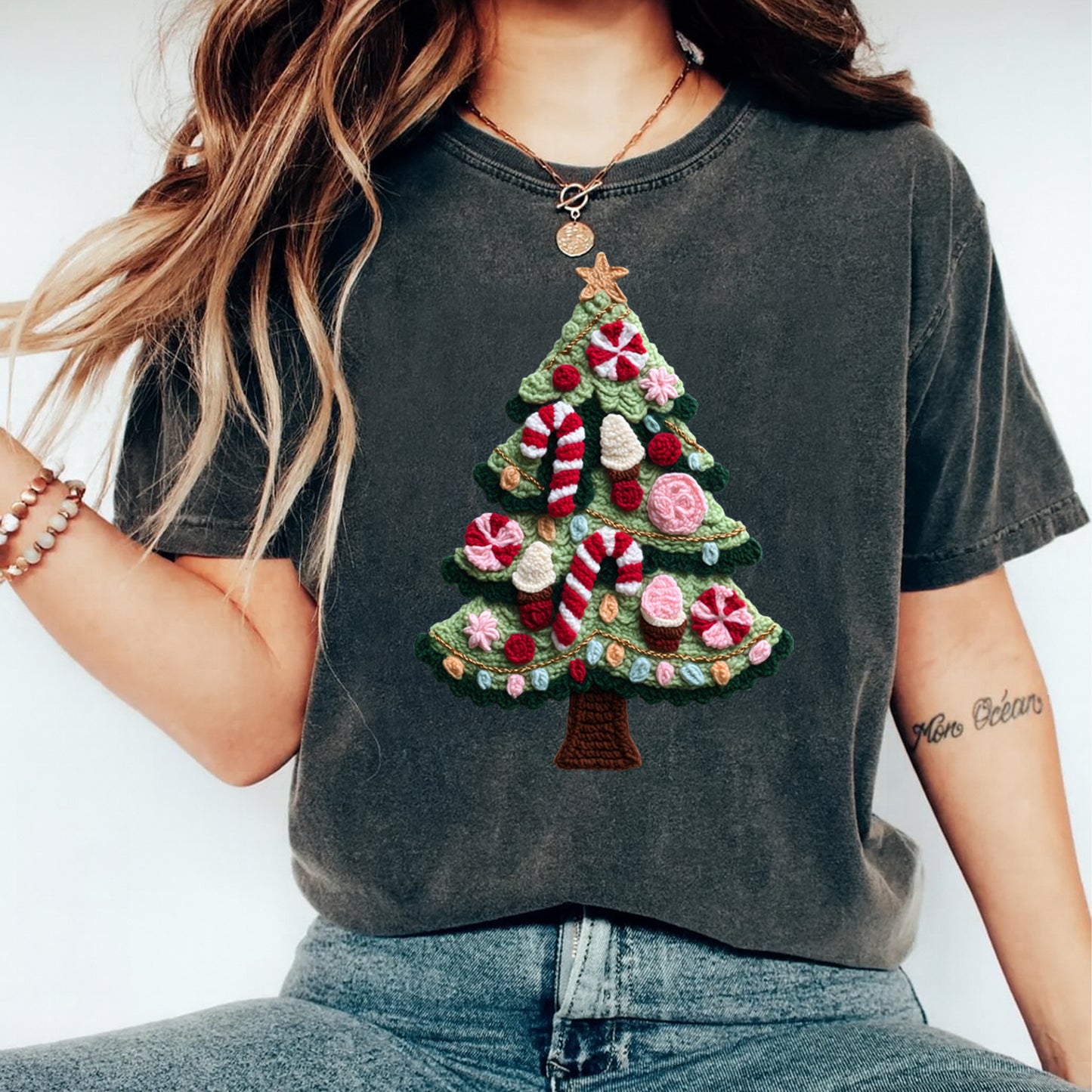 Christmas Candy Tree DTF Transfer – Crochet Texture Peppermint & Sweets Iron On Heat Transfer for DIY Christmas Shirts 12147