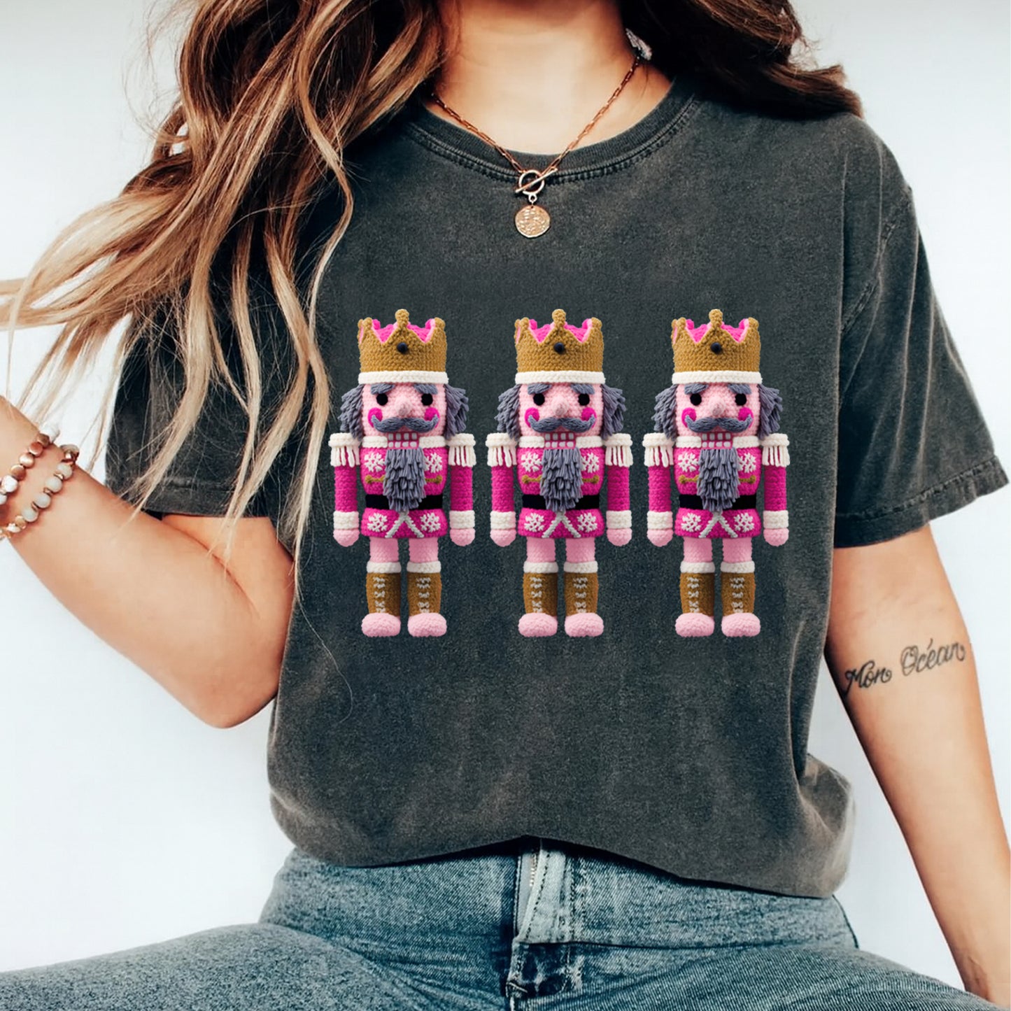 Christmas Pink Nutcracker Trio DTF Transfer – Crochet Texture Holiday Iron On Heat Transfer for DIY Christmas Shirts 12148