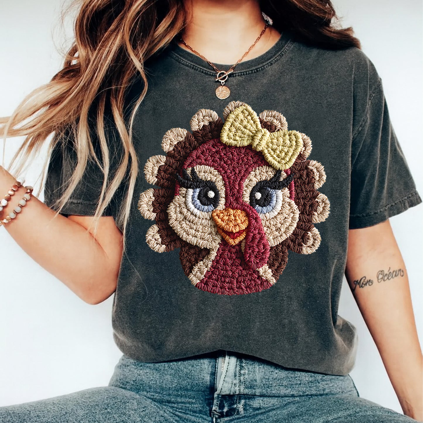 Thanksgiving Girl Turkey DTF Transfer – Crochet Texture Fall Iron On Heat Transfer for DIY Fall Shirts 12150