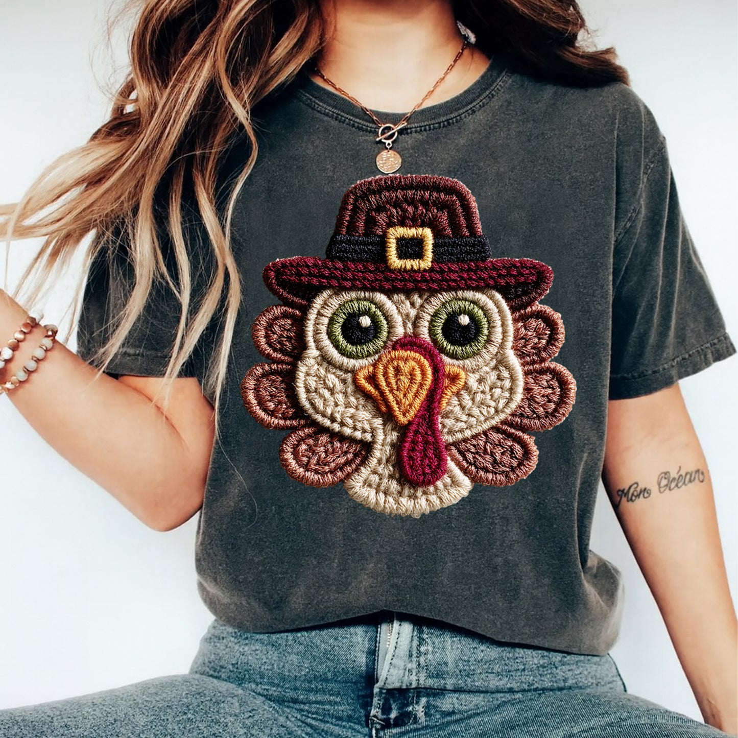 Thanksgiving Pilgrim Turkey DTF Transfer – Crochet Texture Fall Iron On Heat Transfer for DIY Fall Shirts 12151