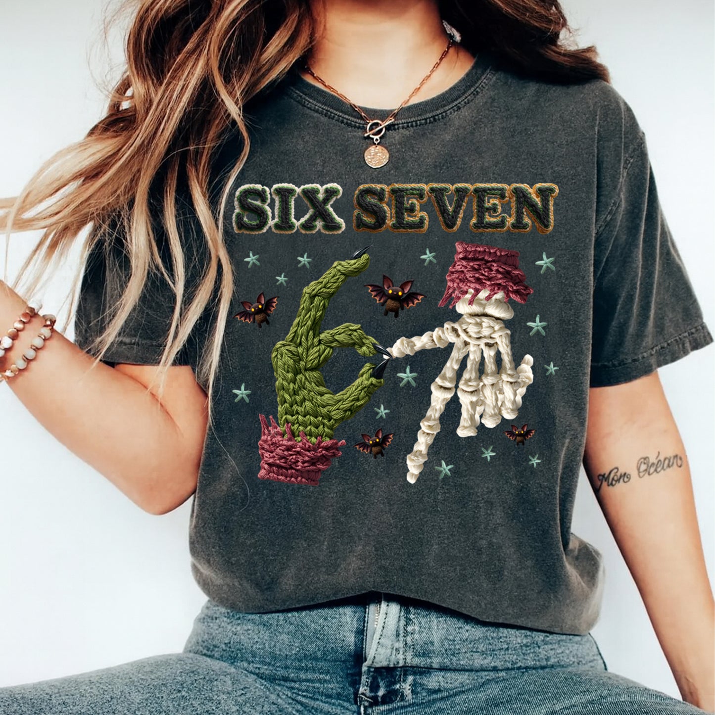 Halloween Six Seven Hands DTF Transfer – Crochet Texture Spooky Iron On Heat Transfer for DIY Halloween Shirts 12152