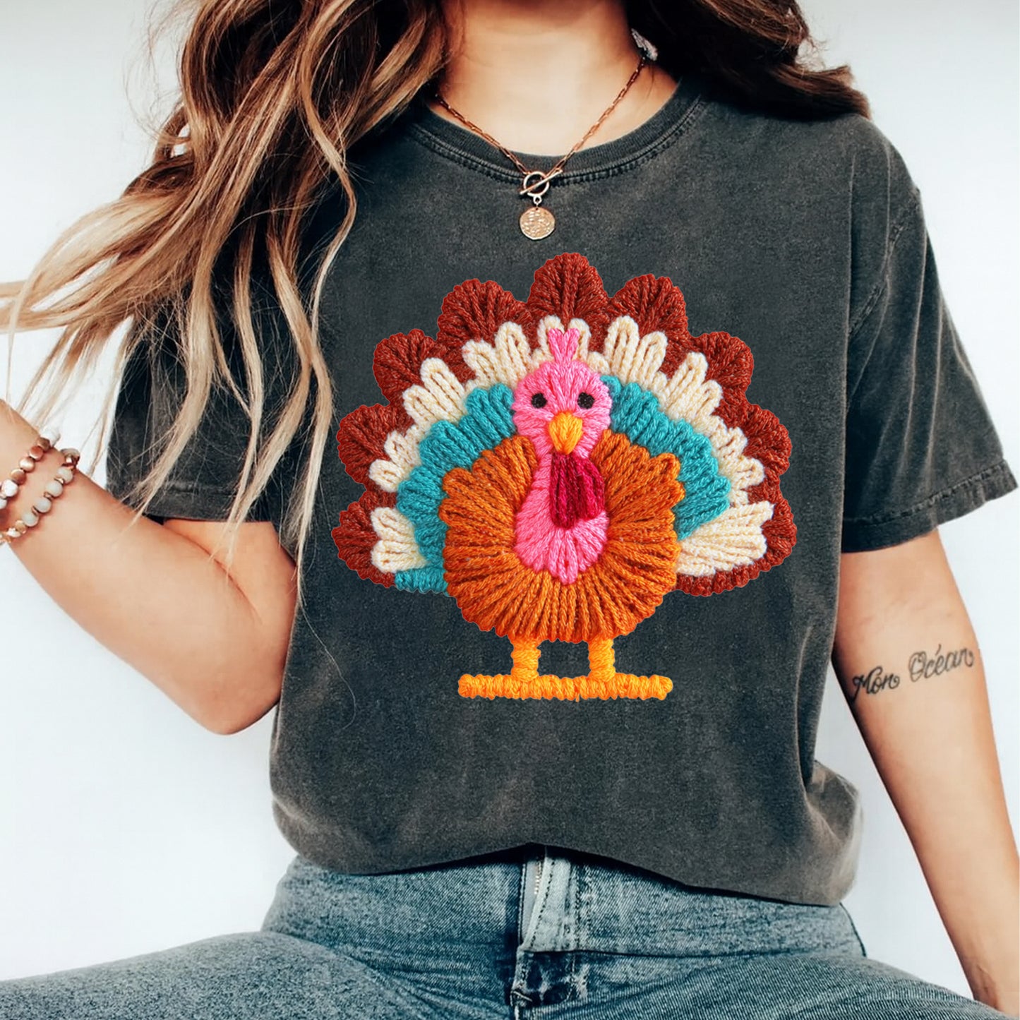 Thanksgiving Yarn Crochet Turkey DTF Transfer – Ready to Press Iron On Heat Transfer for DIY Thanksgiving Shirts 12156