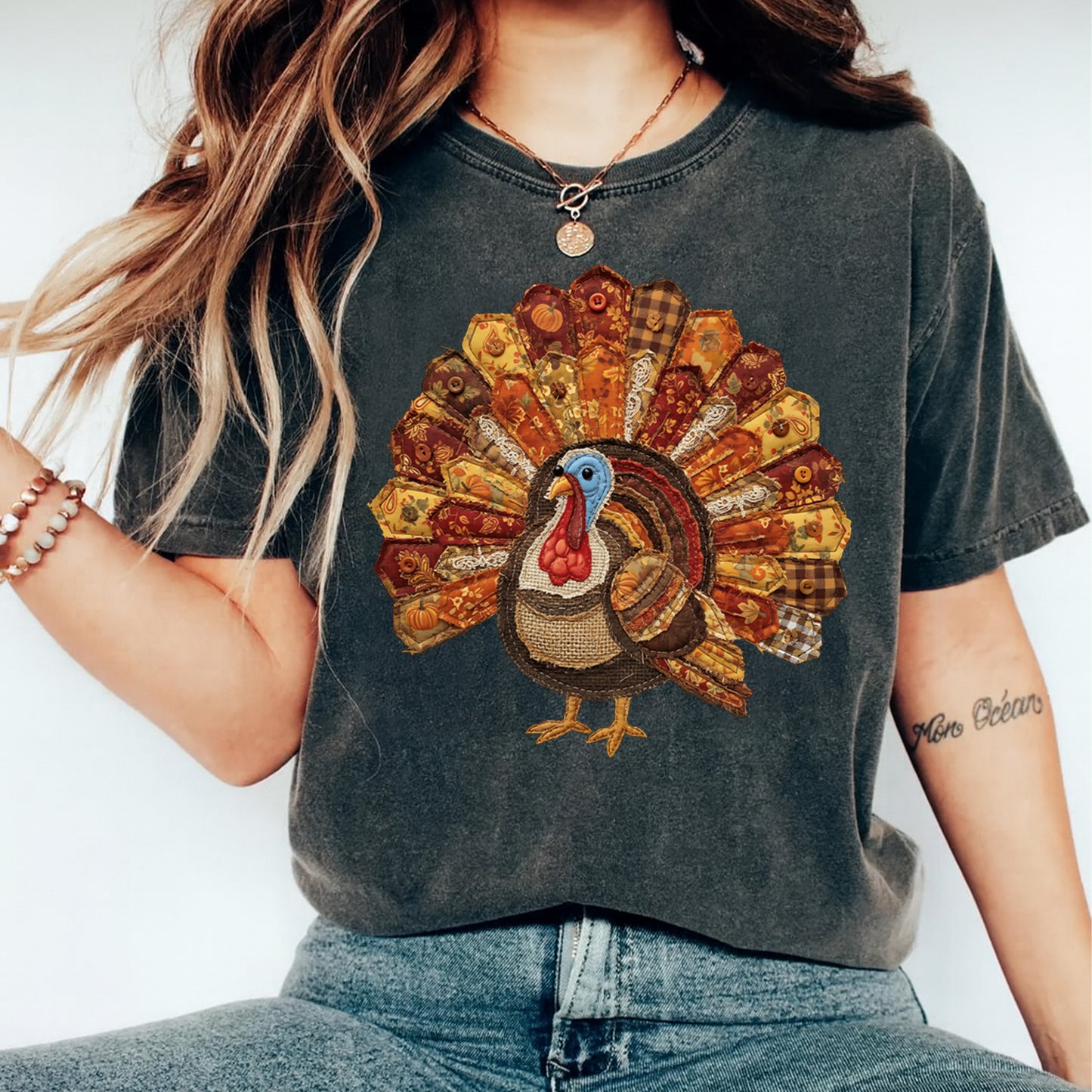 Thanksgiving Patchwork Turkey DTF Transfer – Ready to Press Iron On Heat Transfer for DIY Thanksgiving Shirts 12157