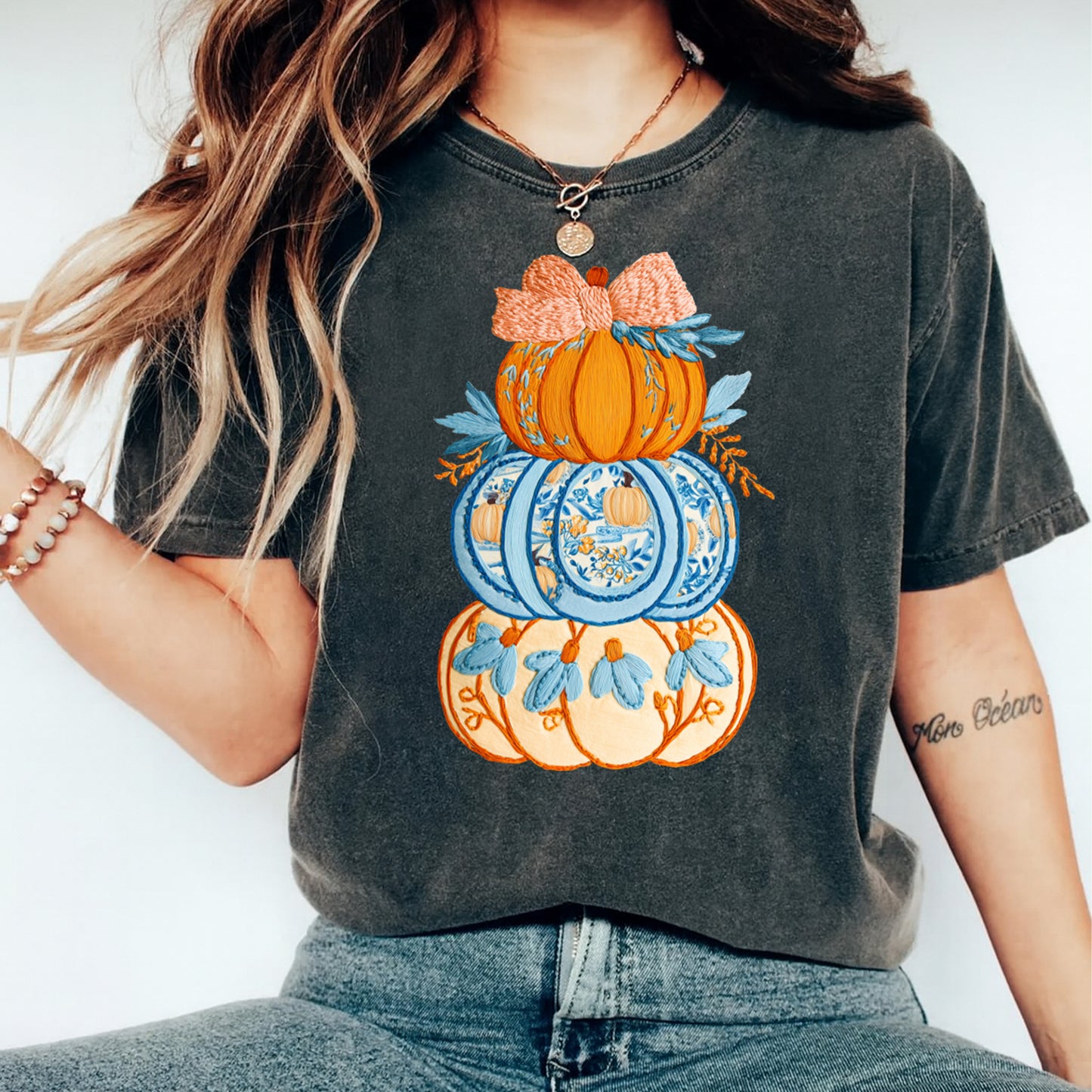 Thanksgiving Stacked Embroidery Pumpkins DTF Transfer – Ready to Press Iron On Heat Transfer for DIY Thanksgiving Shirts 12159