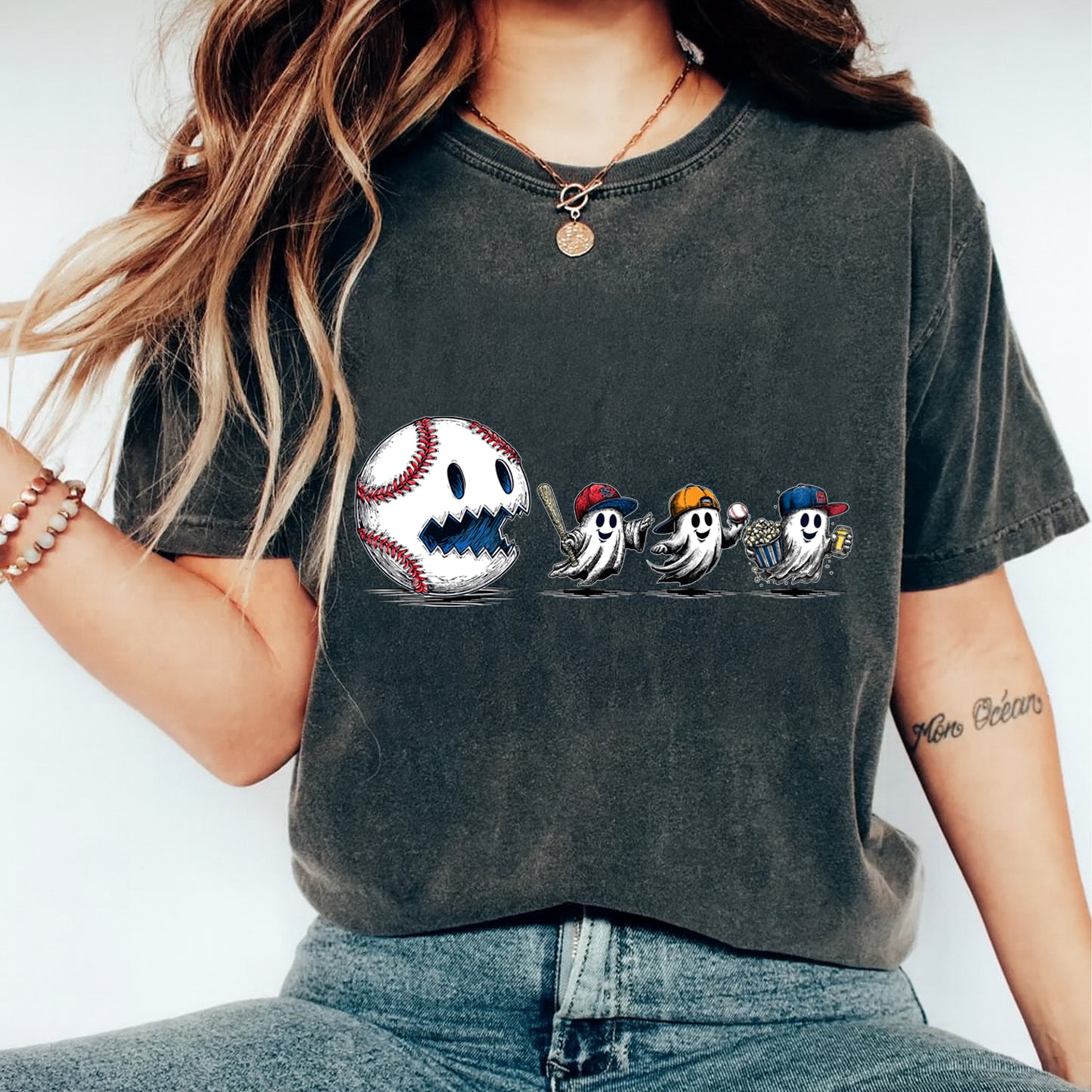 Baseball Halloween Ghost Chase DTF Transfer – Ready to Press Iron On Heat Transfer for DIY Halloween Shirts 12161