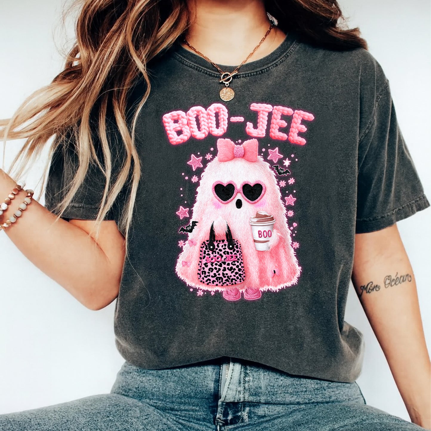 Halloween Pink Ghost Boo-Jee DTF Transfer – Ready to Press Iron On Heat Transfer for DIY Halloween Shirts 12162