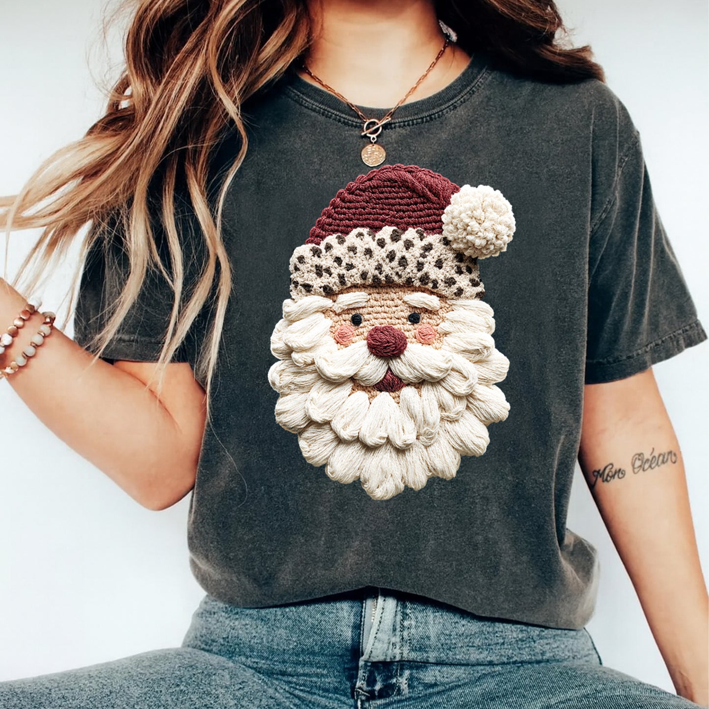 Christmas Santa Yarn Crochet DTF Transfer – Ready to Press Iron On Heat Transfer for DIY Christmas Shirts 12165