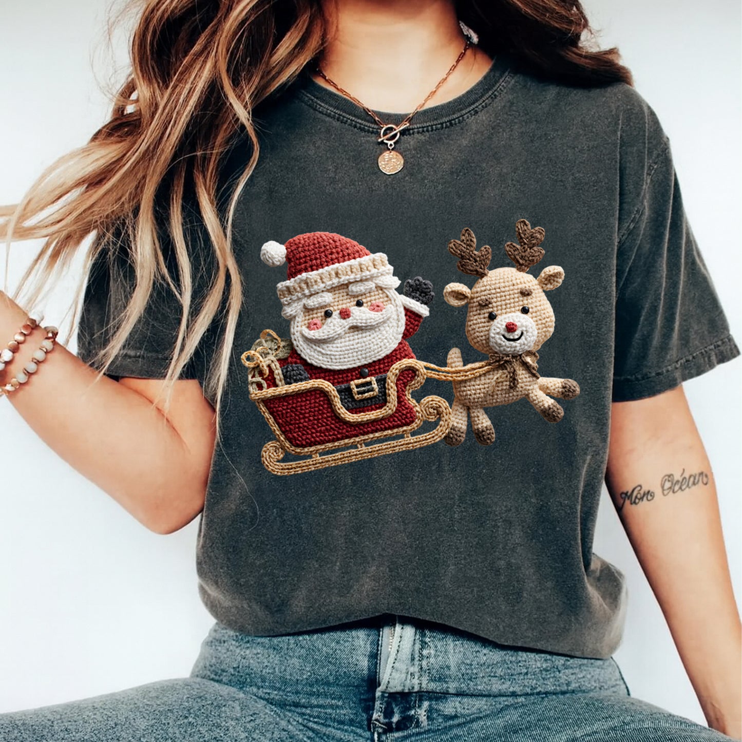 Christmas Santa Reindeer Sleigh Yarn Crochet DTF Transfer – Ready to Press Iron On Heat Transfer for DIY Christmas Shirts 12174