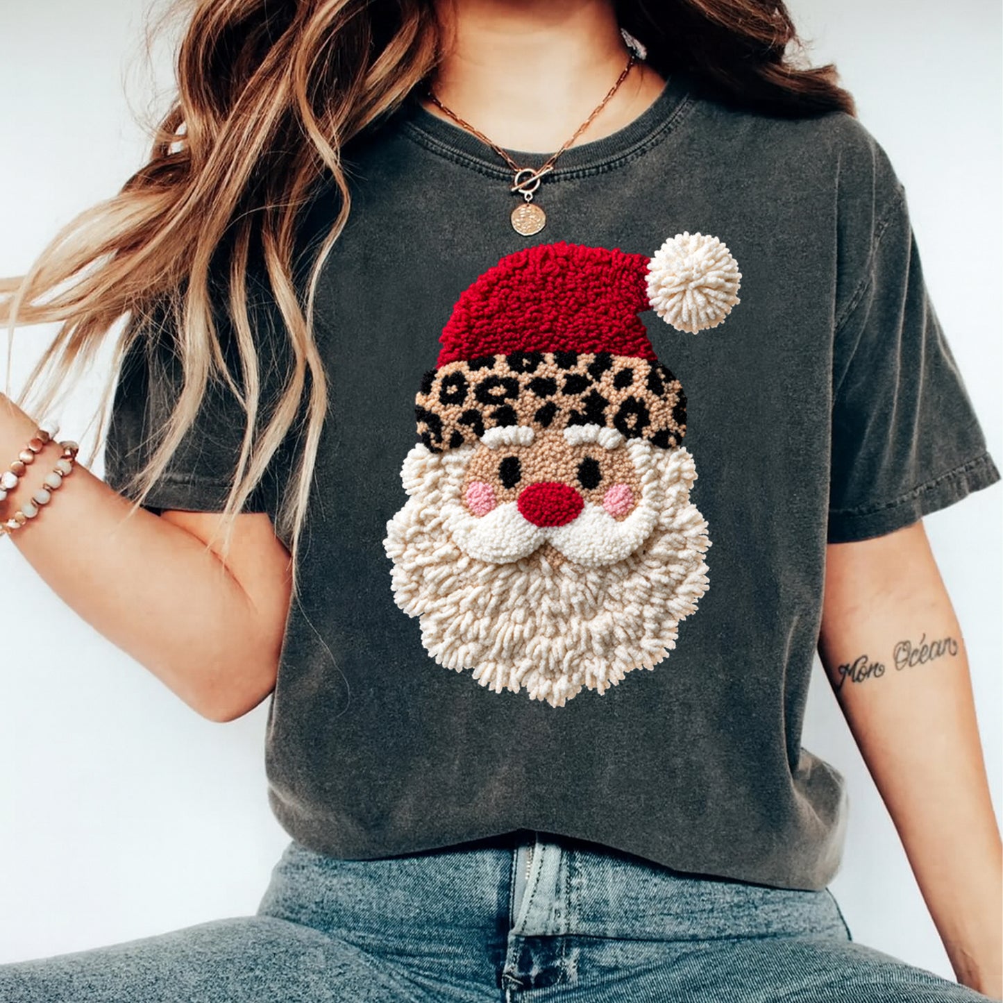 Christmas Leopard Santa Yarn Crochet DTF Transfer – Ready to Press Iron On Heat Transfer for DIY Christmas Shirts 12175