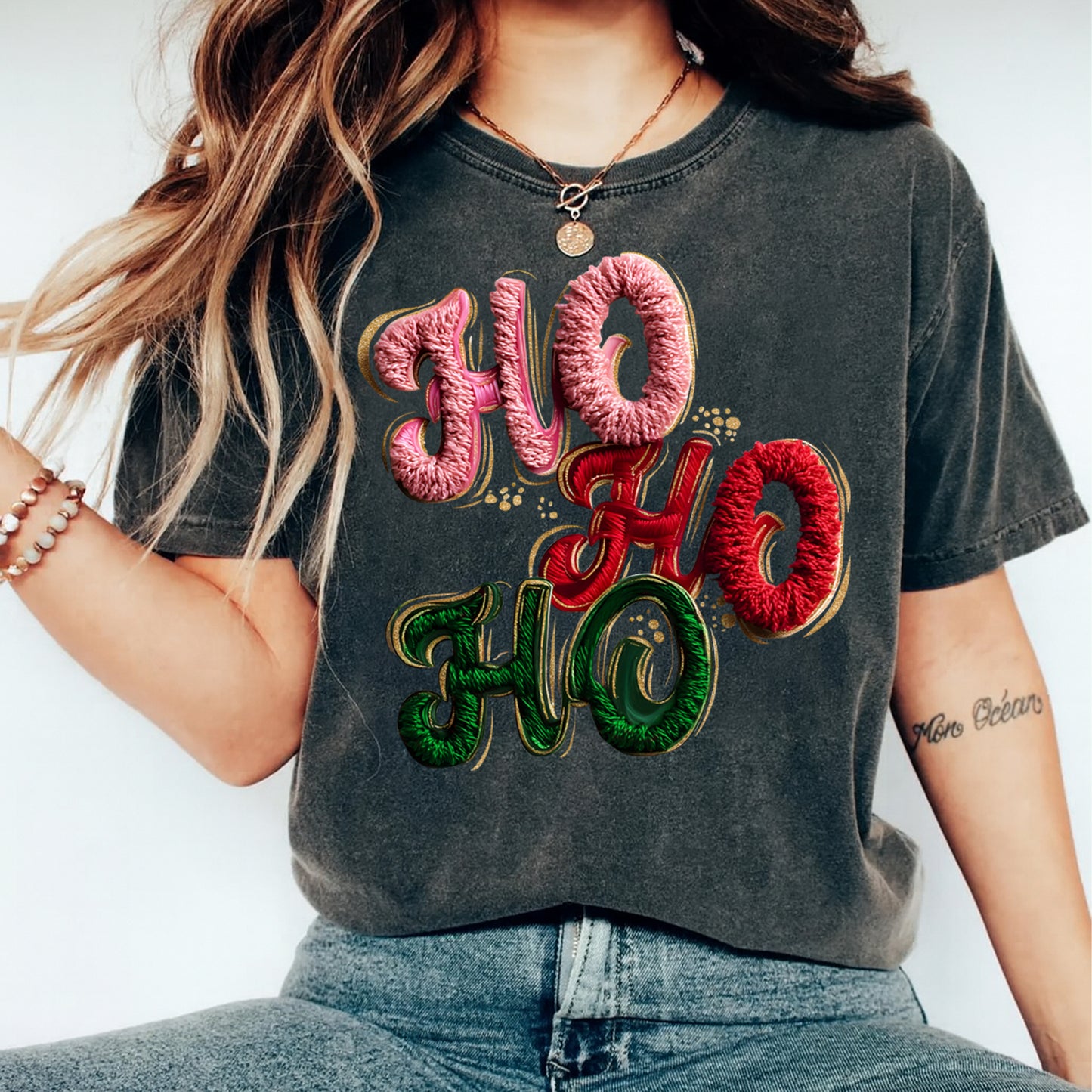 Christmas Ho Ho Ho Yarn Crochet DTF Transfer – Ready to Press Iron On Heat Transfer for DIY Christmas Shirts 12179