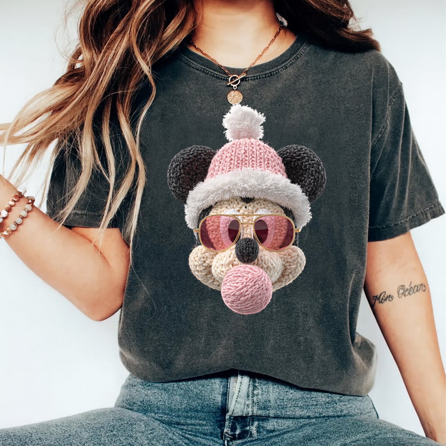 Christmas Crochet Bear in Pink Hat DTF Transfer – Ready to Press Iron On Heat Transfer for DIY Christmas Shirts 12202