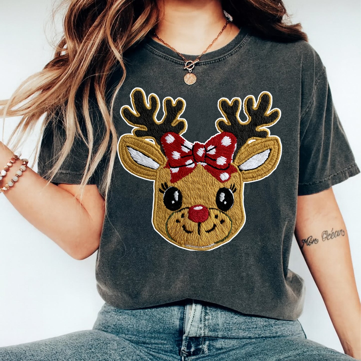 Christmas Reindeer with Red Bow DTF Transfer – Ready to Press Iron On Heat Transfer for DIY Christmas Shirts 12204