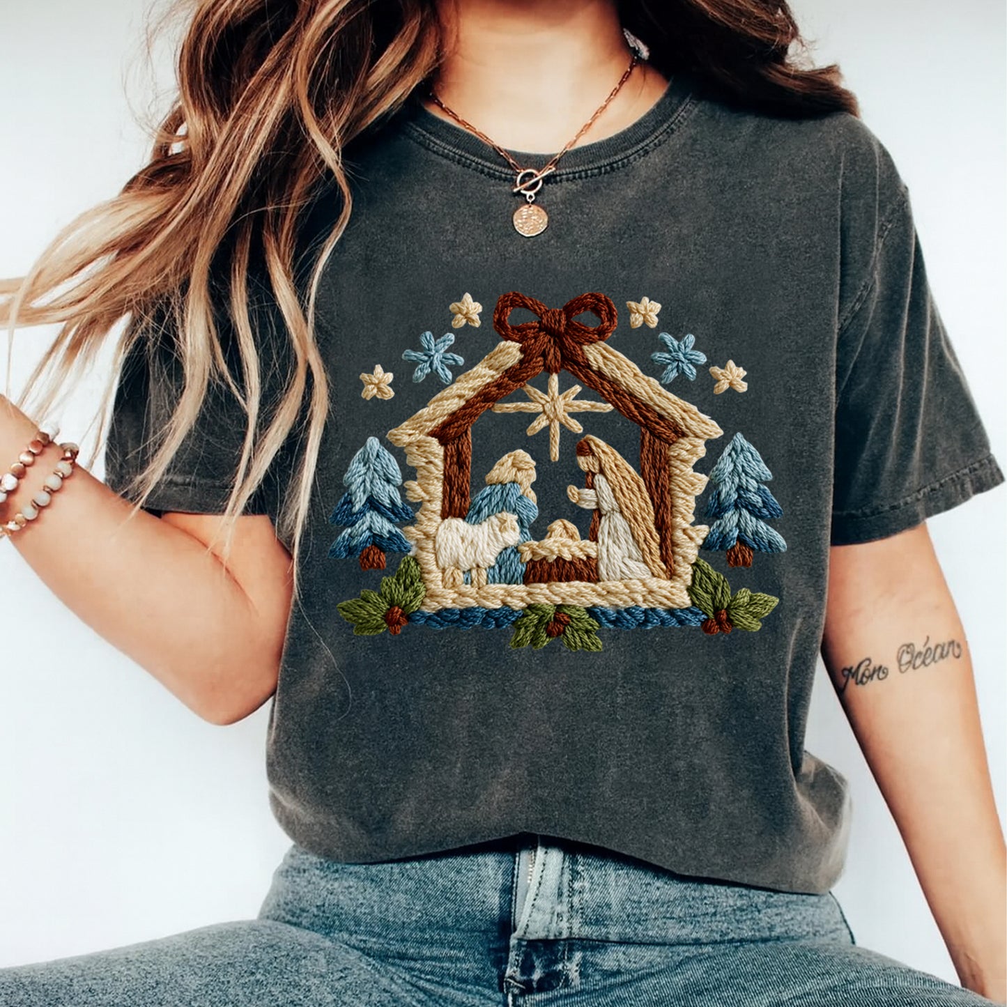 Christmas Nativity Scene with Blue Trees DTF Transfer – Ready to Press Iron On Heat Transfer for DIY Christmas Shirts 12206