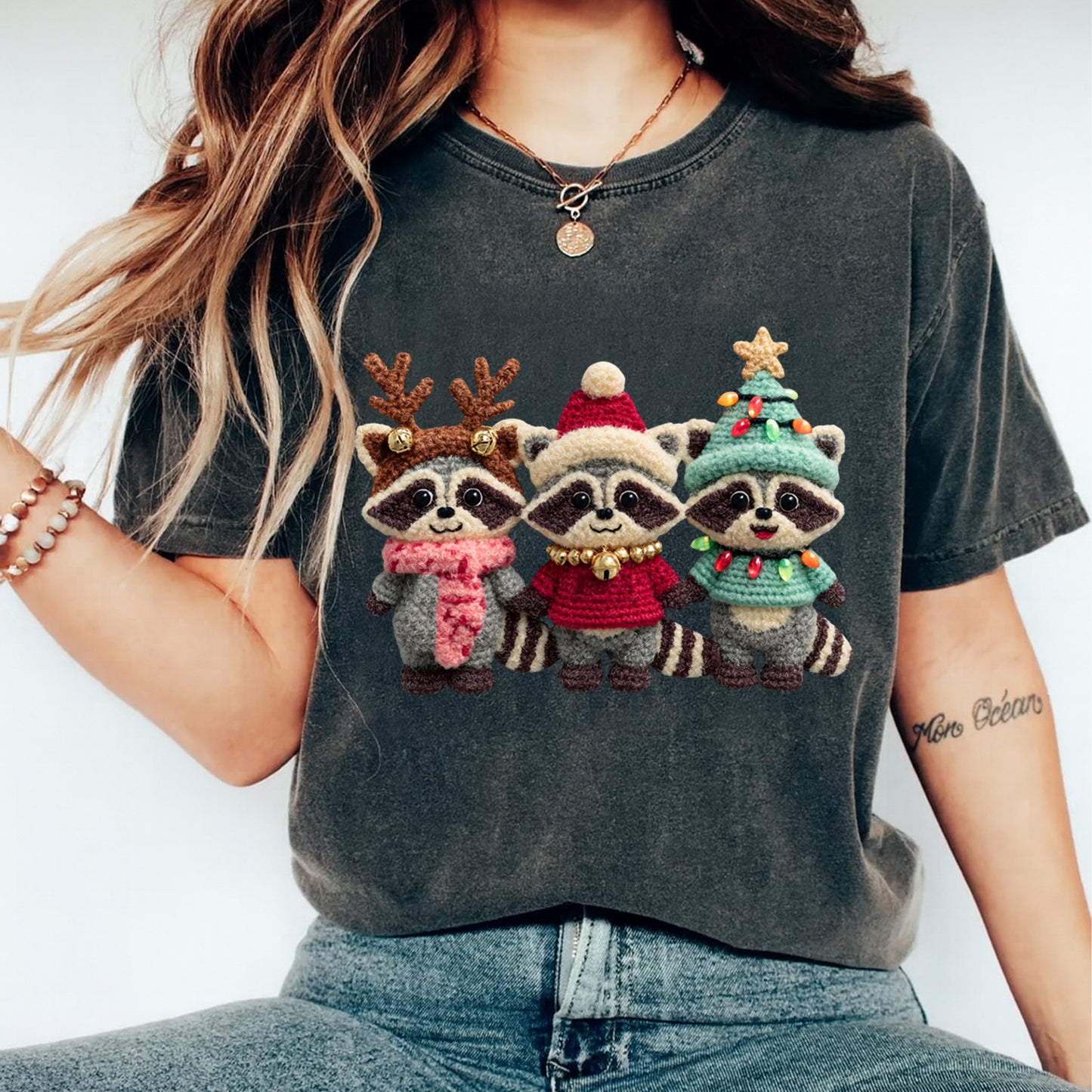 Christmas Raccoon Trio Holiday Outfits DTF Transfer – Ready to Press Iron On Heat Transfer for DIY Christmas Shirts 12208