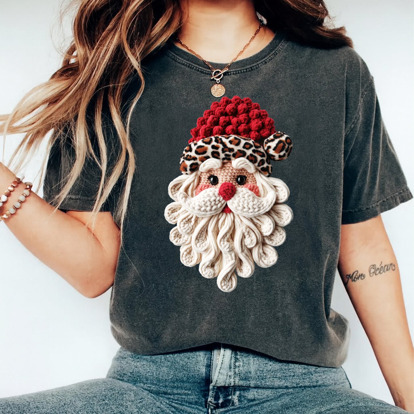 Christmas Leopard Santa Crochet DTF Transfer – Ready to Press Iron On Heat Transfer for DIY Christmas Shirts 12213