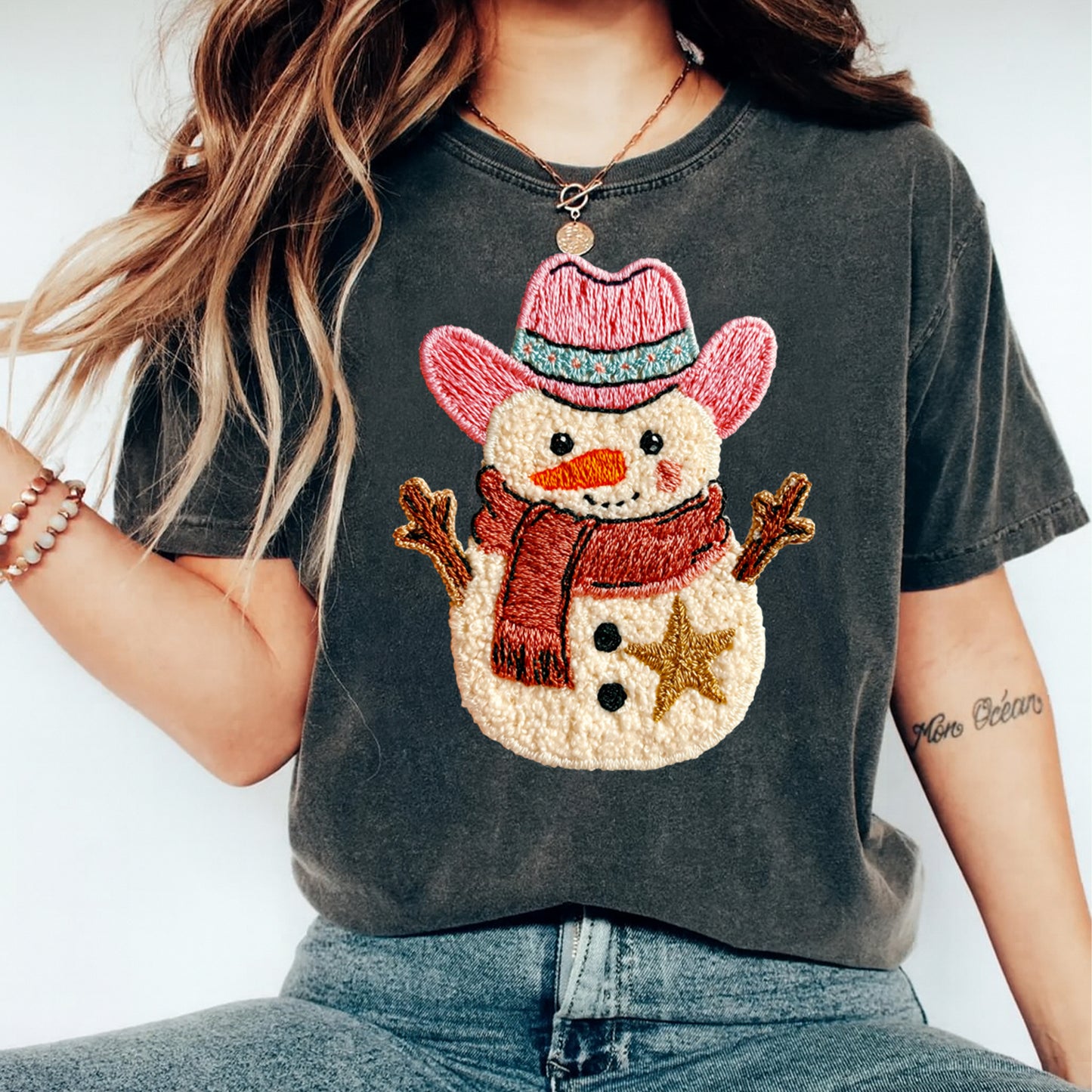 Western Christmas Snowman with Cowboy Hat DTF Transfer – Ready to Press Iron On Heat Transfer for DIY Christmas Shirts 12219