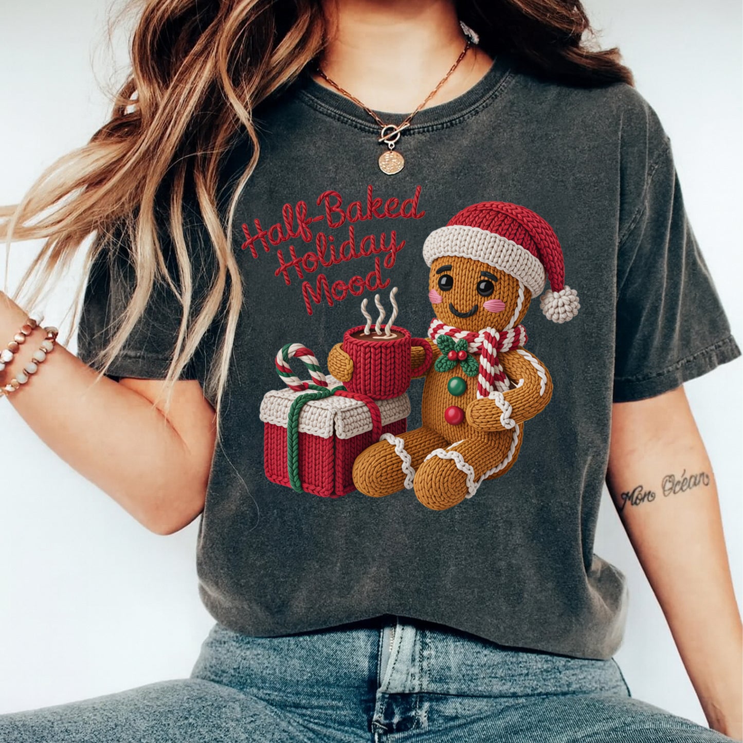 Christmas Gingerbread Half Baked Yarn Art DTF Transfer – Ready to Press Iron On Heat Transfer for DIY Christmas Shirts 12226