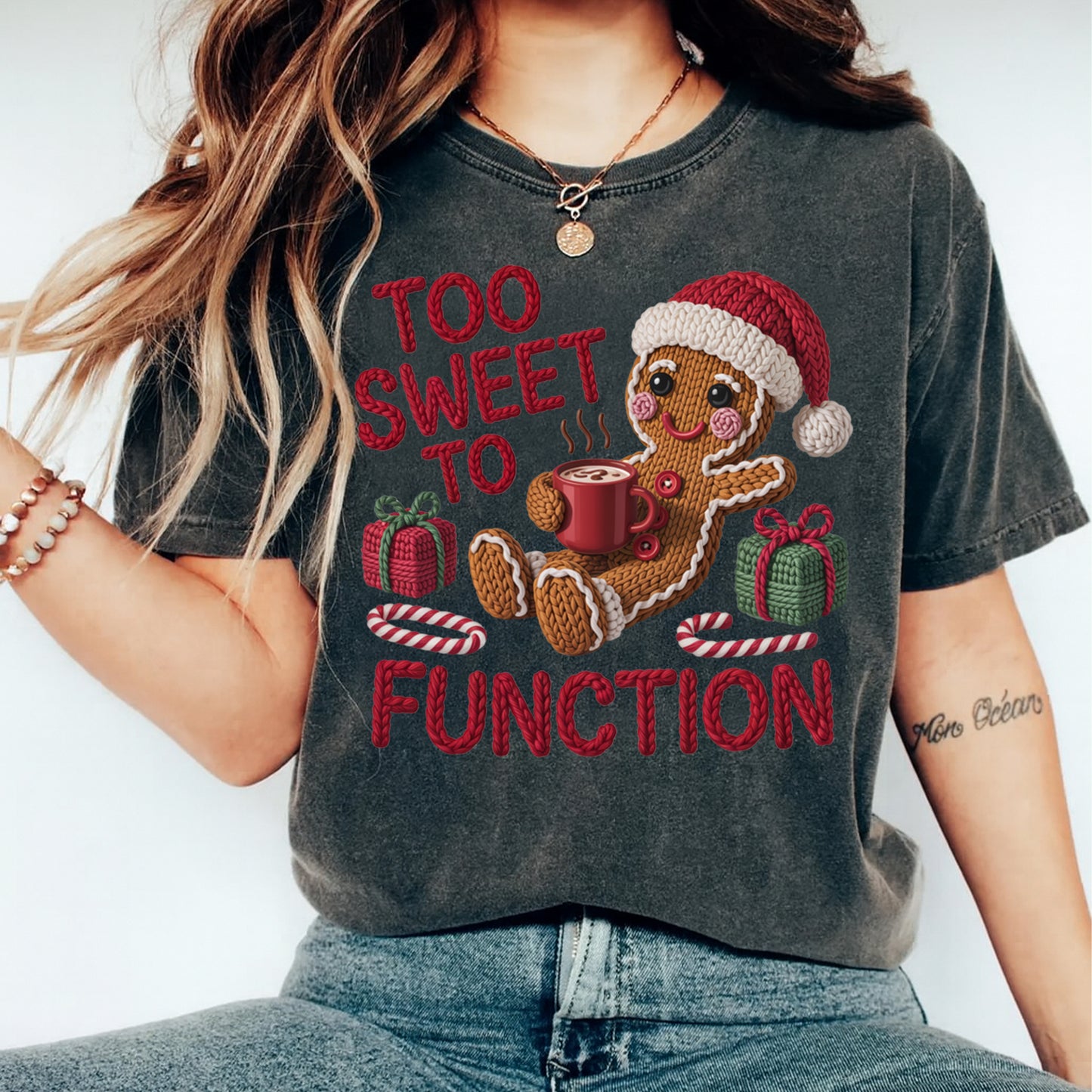 Christmas Gingerbread Too Sweet Yarn Art DTF Transfer – Ready to Press Iron On Heat Transfer for DIY Christmas Shirts 12227