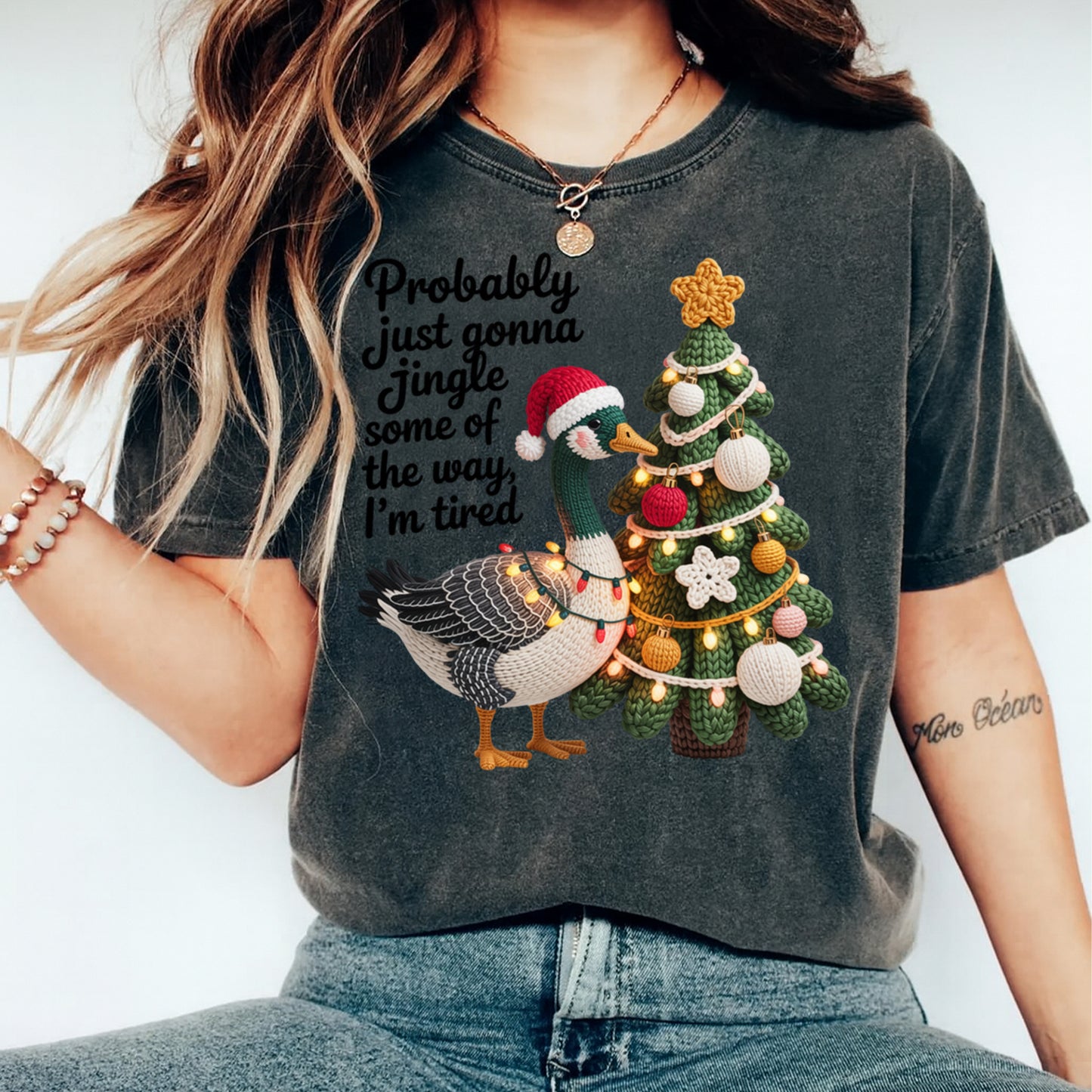 Christmas Goose Jingle Tired Yarn Art DTF Transfer – Ready to Press Iron On Heat Transfer for DIY Christmas Shirts 12229