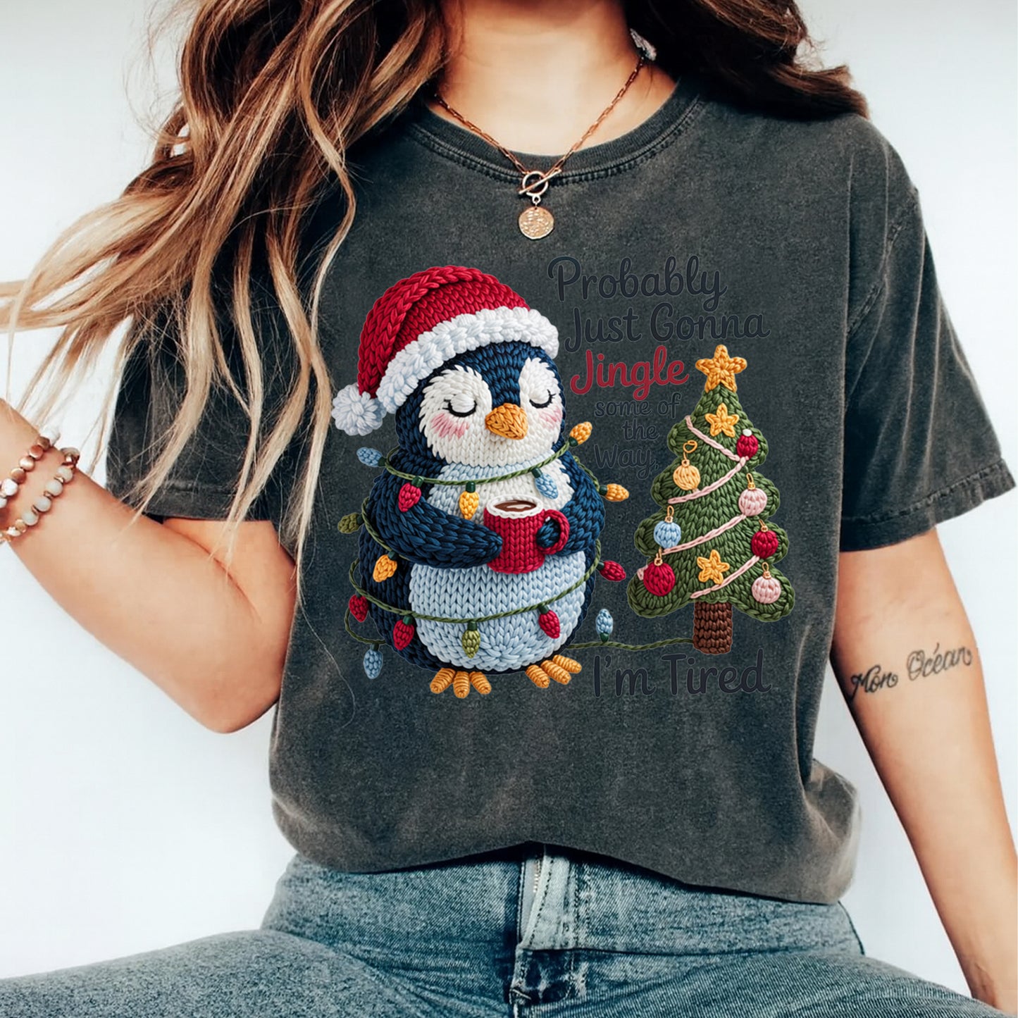 Christmas Penguin Jingle Tired Yarn Art DTF Transfer – Ready to Press Iron On Heat Transfer for DIY Christmas Shirts 12232