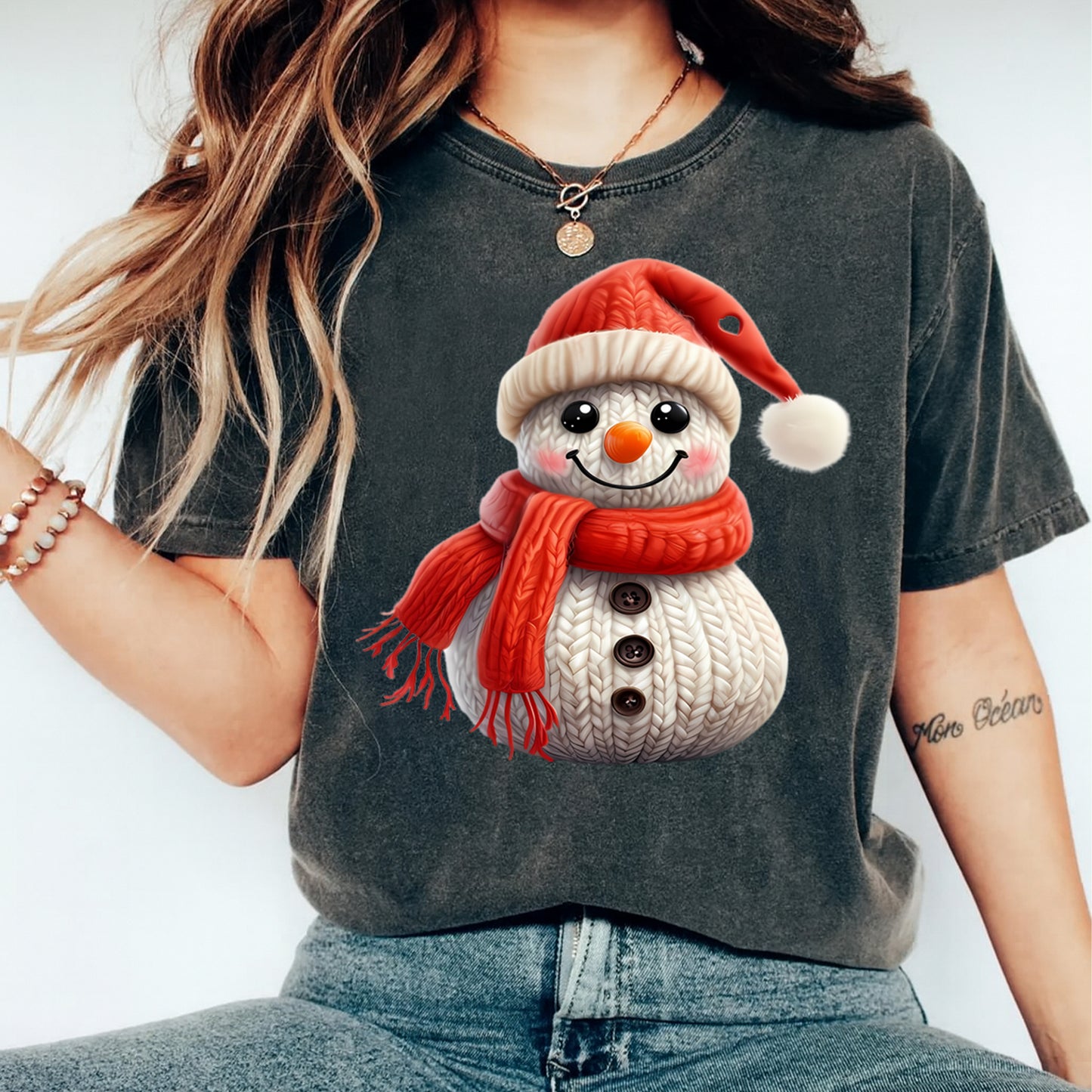 Christmas Snowman Yarn Art DTF Transfer – Ready to Press Iron On Heat Transfer for DIY Christmas Shirts 12233