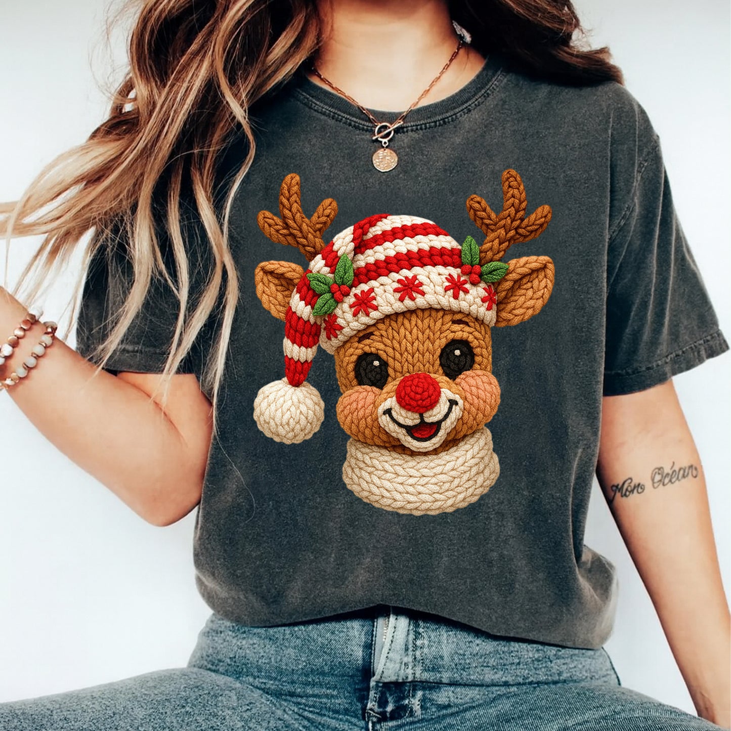 Christmas Reindeer Yarn Art DTF Transfer – Ready to Press Iron On Heat Transfer for DIY Christmas Shirts 12239