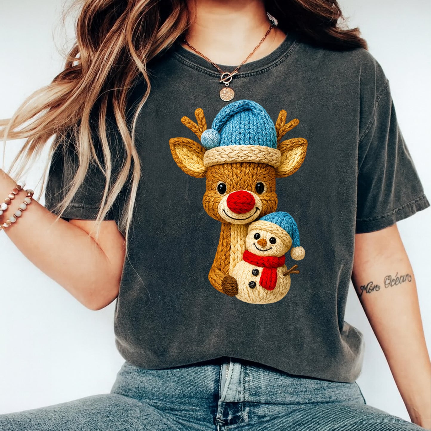 Christmas Reindeer and Snowman Yarn DTF Transfer – Ready to Press Iron On Heat Transfer for DIY Christmas Shirts 12240