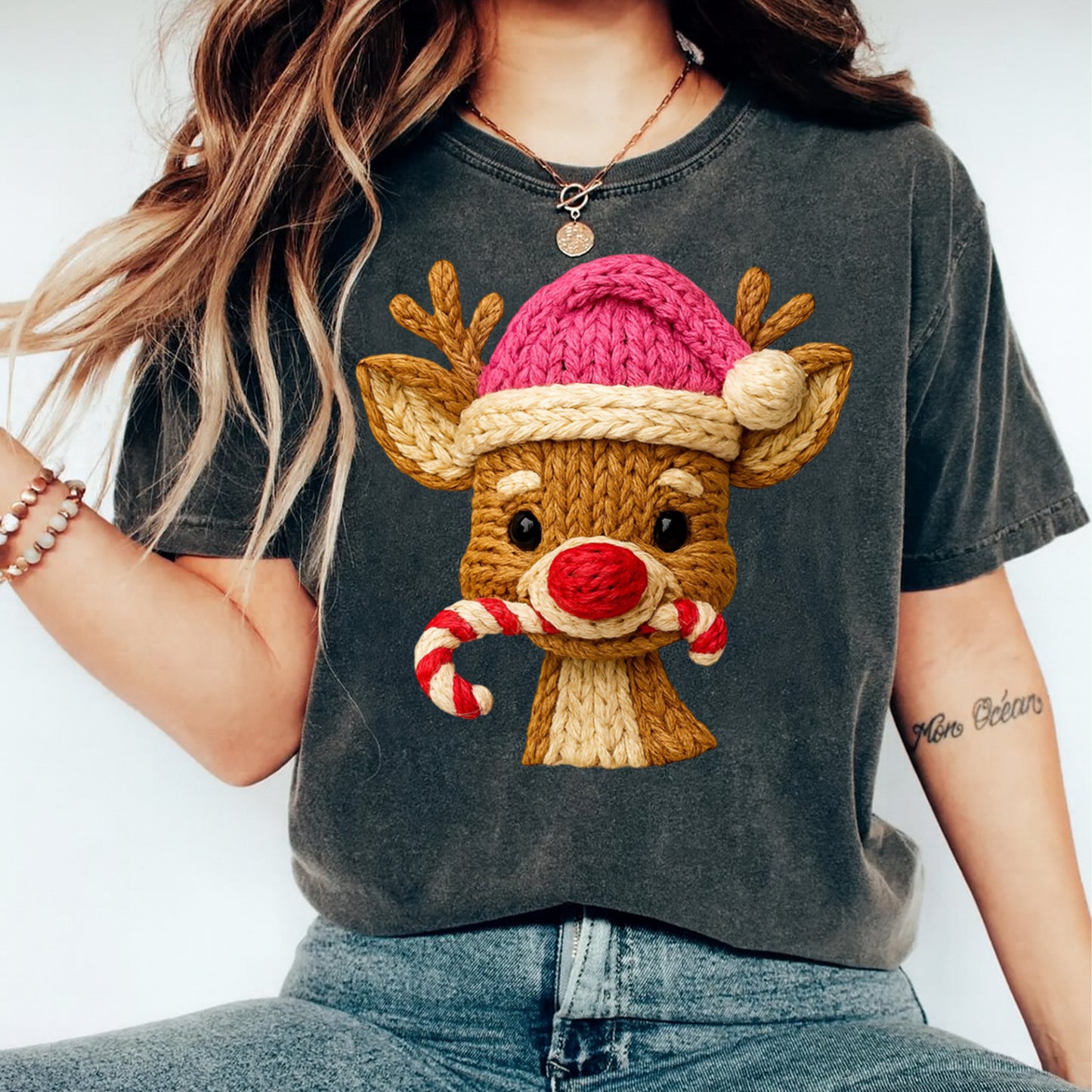 Christmas Reindeer Yarn Art DTF Transfer – Ready to Press Iron On Heat Transfer for DIY Christmas Shirts 12244