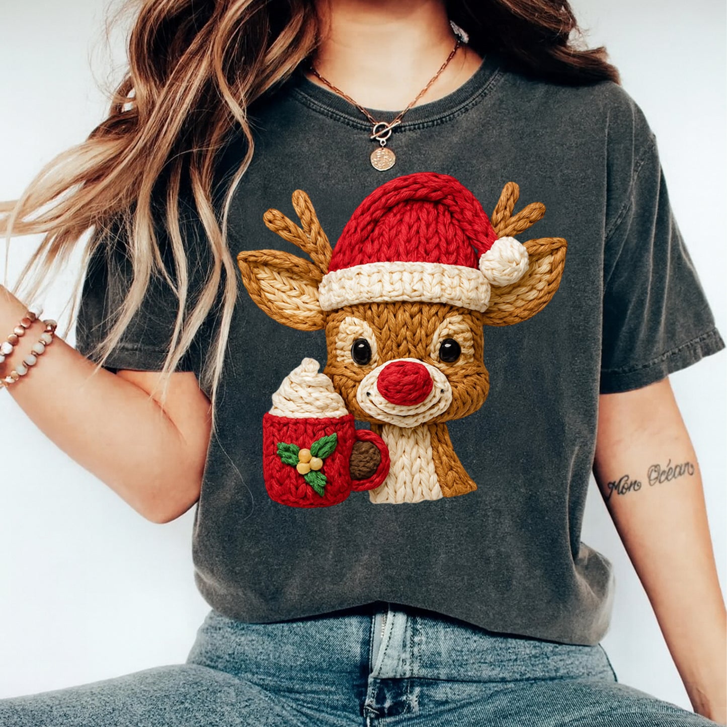 Christmas Reindeer Yarn Art with Holiday Mug DTF Transfer – Ready to Press Iron On Heat Transfer for DIY Christmas Shirts 12245