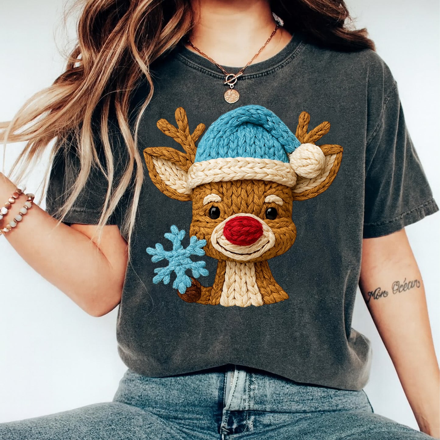 Christmas Reindeer Yarn Art with Snowflake DTF Transfer – Ready to Press Iron On Heat Transfer for DIY Christmas Shirts 12246