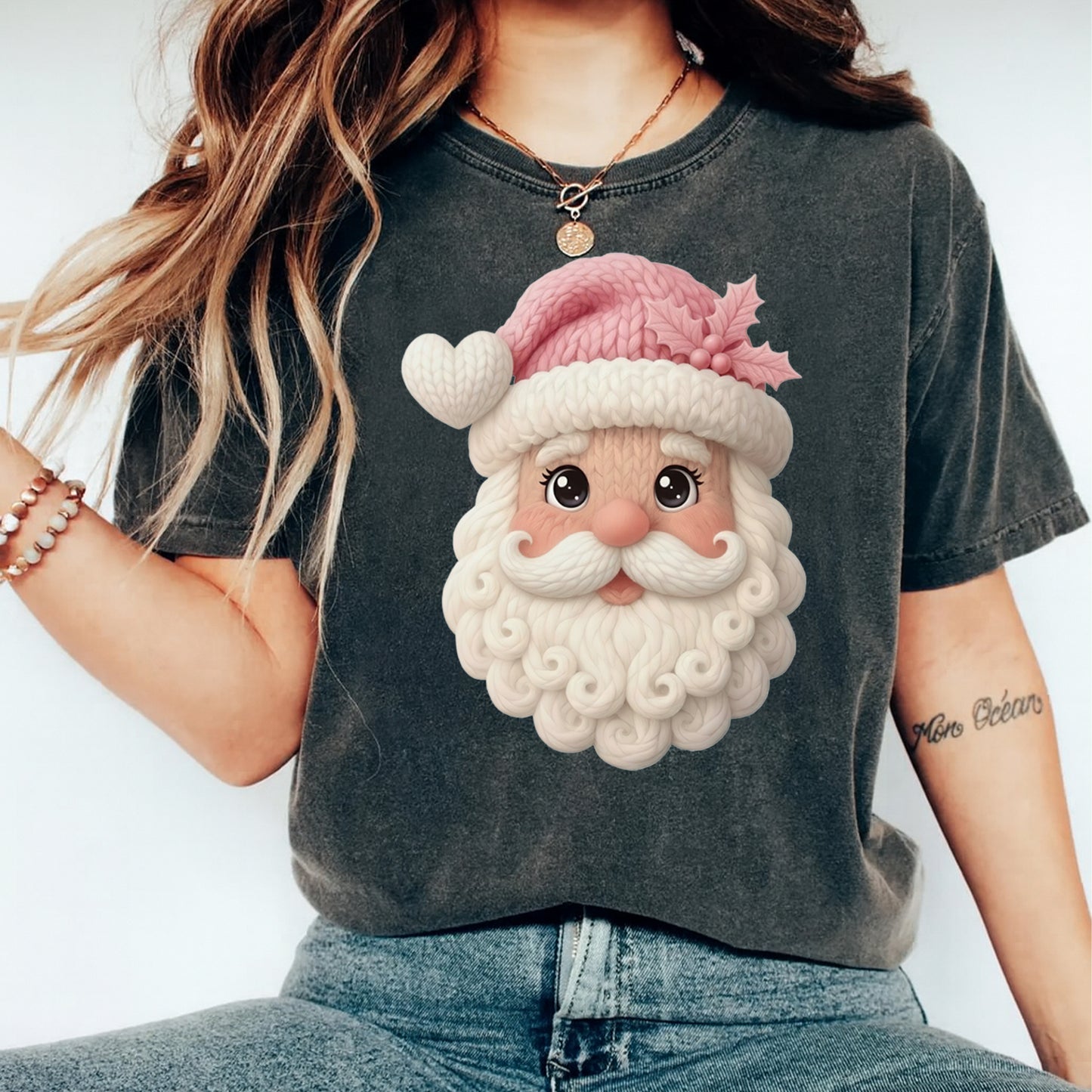 Christmas Pink Yarn Santa DTF Transfer – Ready to Press Iron On Heat Transfer for DIY Christmas Shirts 12250
