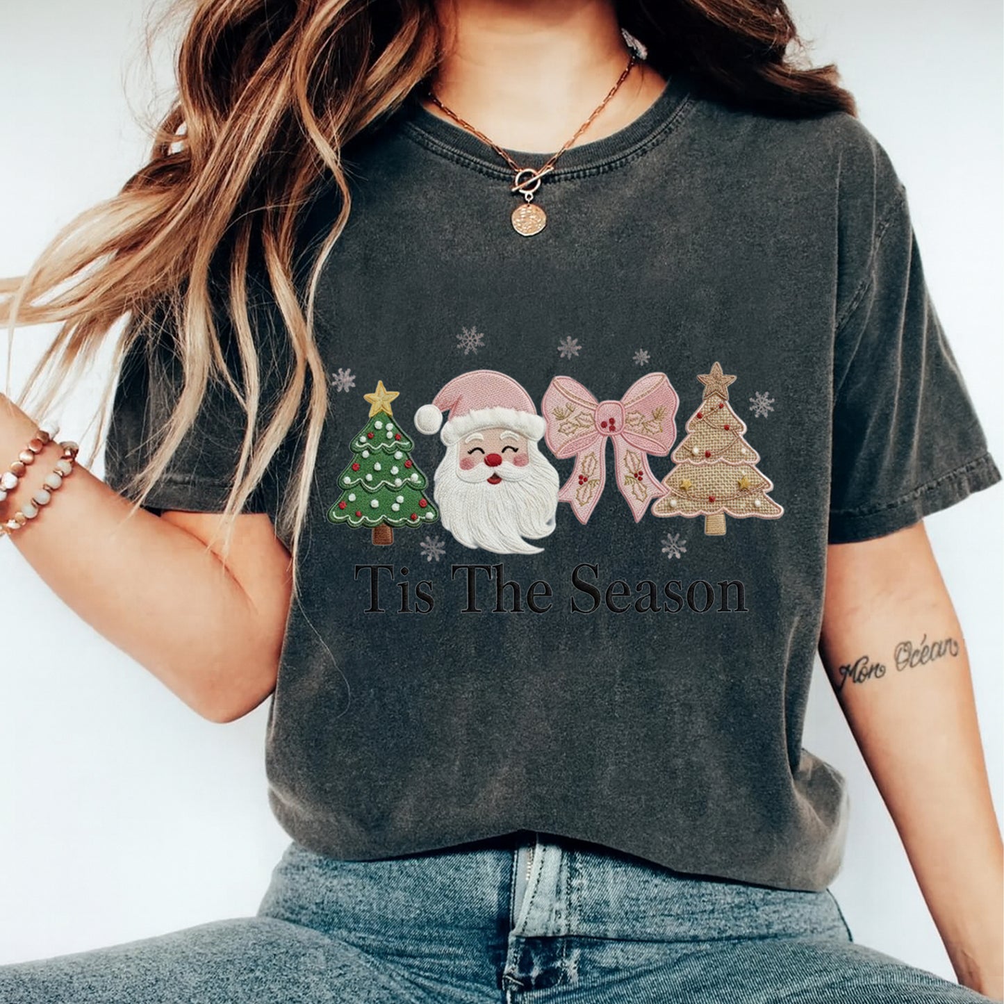 Christmas Tis The Season Santa Trees Yarn Style DTF Transfer – Ready to Press Iron On Heat Transfer for DIY Christmas Shirts 12258