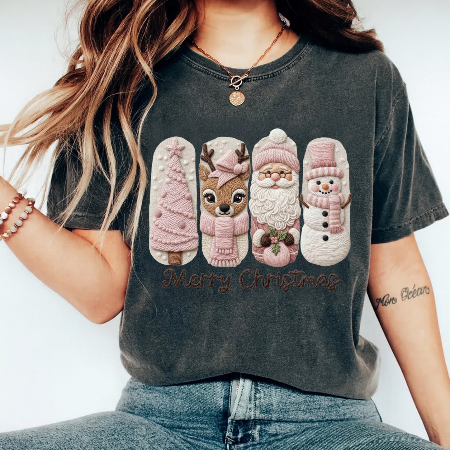Christmas Merry Christmas Characters Yarn Style DTF Transfer – Ready to Press Iron On Heat Transfer for DIY Christmas Shirts 12261