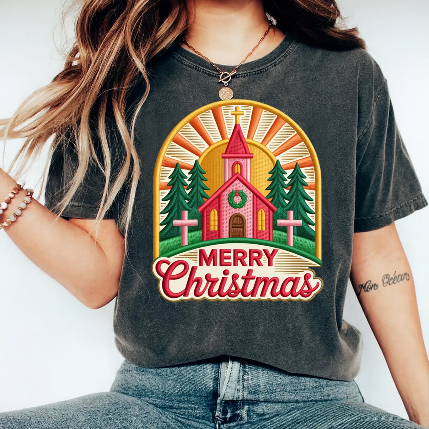 Christmas Church Sunrise Yarn Style DTF Transfer – Ready to Press Iron On Heat Transfer for DIY Christmas Shirts 12269