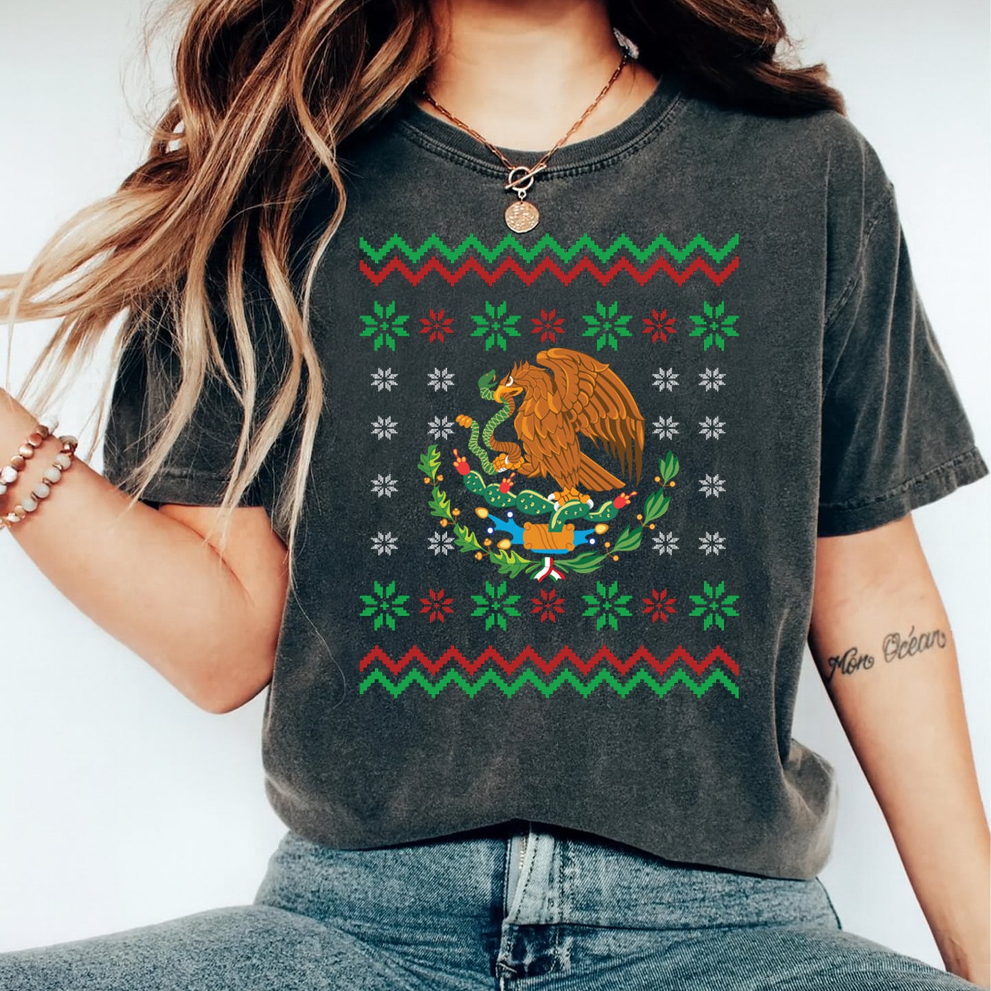 Mexican Christmas Eagle Ugly Sweater DTF Transfer – Ready to Press Iron On Heat Transfer for DIY Christmas Shirts 12270