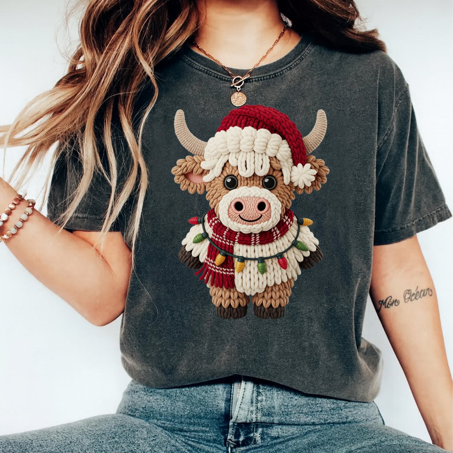 Christmas Highland Cow Lights Yarn Style DTF Transfer – Ready to Press Iron On Heat Transfer for DIY Christmas Shirts 12274