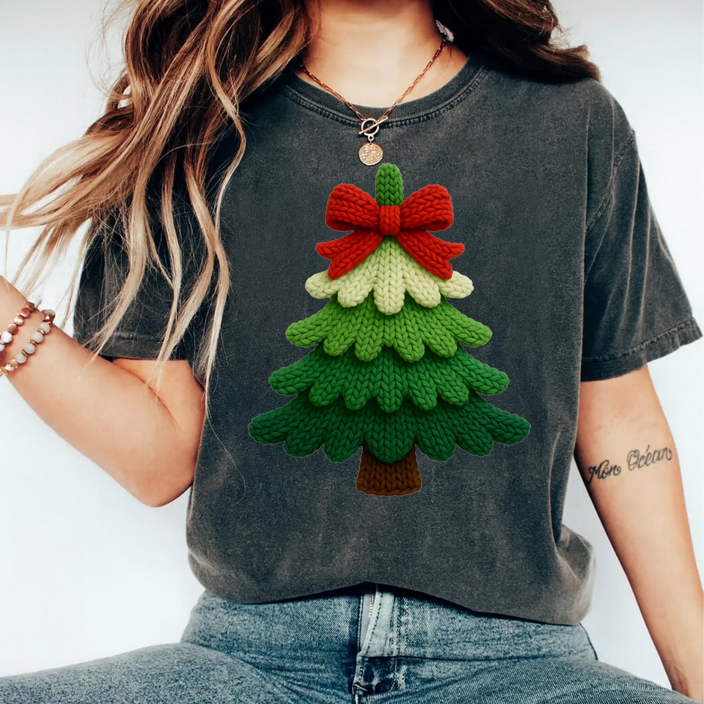 Christmas Knit Tree Red Bow Yarn Style DTF Transfer – Ready to Press Iron On Heat Transfer for DIY Christmas Shirts 12275