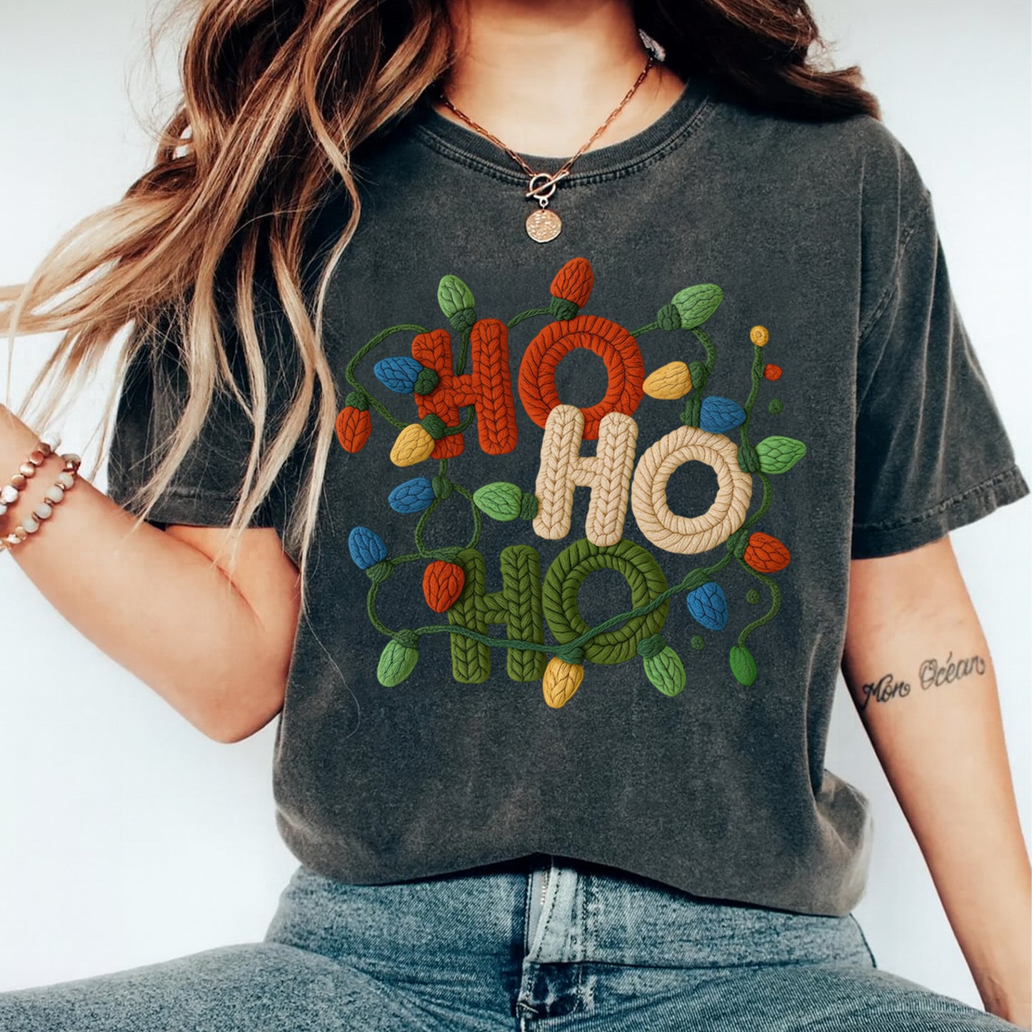 Christmas HO HO HO Knit Lights Yarn Style DTF Transfer – Ready to Press Iron On Heat Transfer for DIY Christmas Shirts 12276