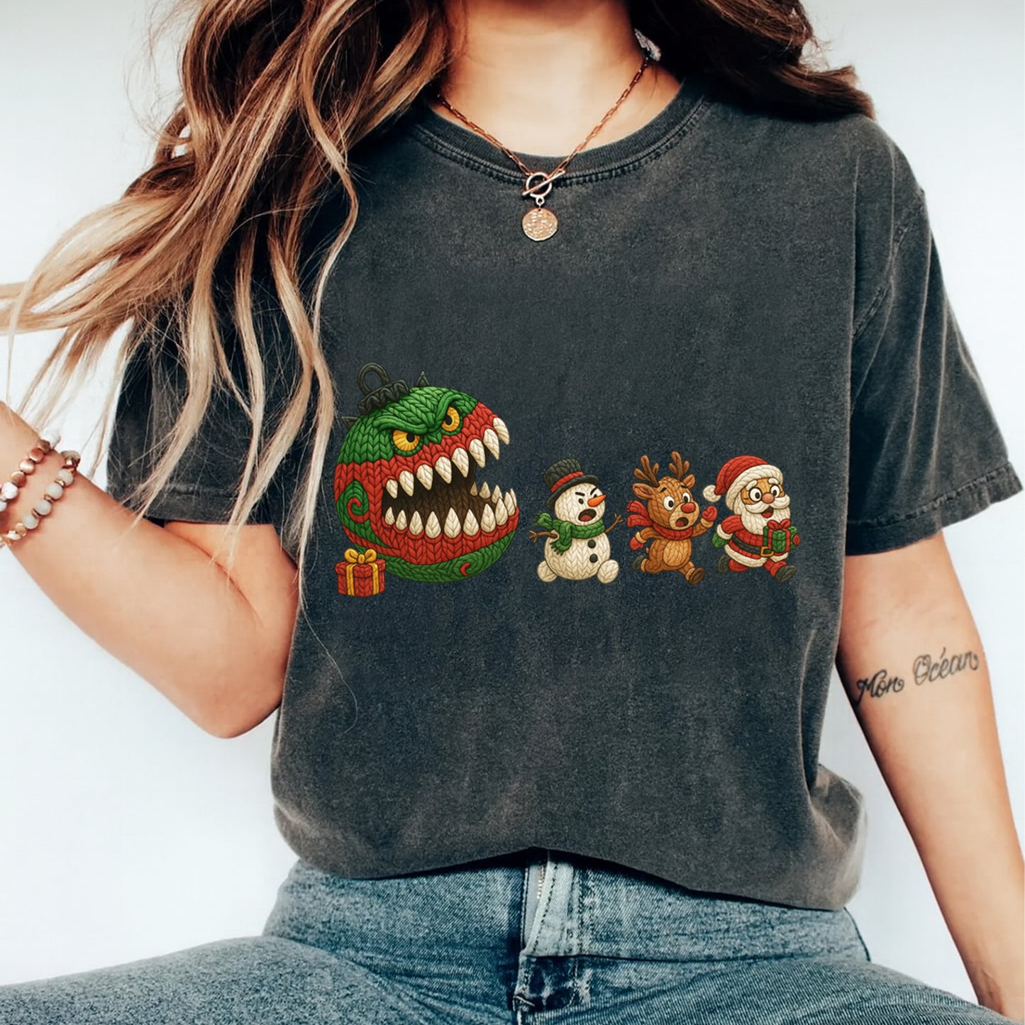 Christmas Yarn Crochet Monster Ornament DTF Transfer – Ready to Press Iron On Heat Transfer for DIY Christmas Shirts 12278