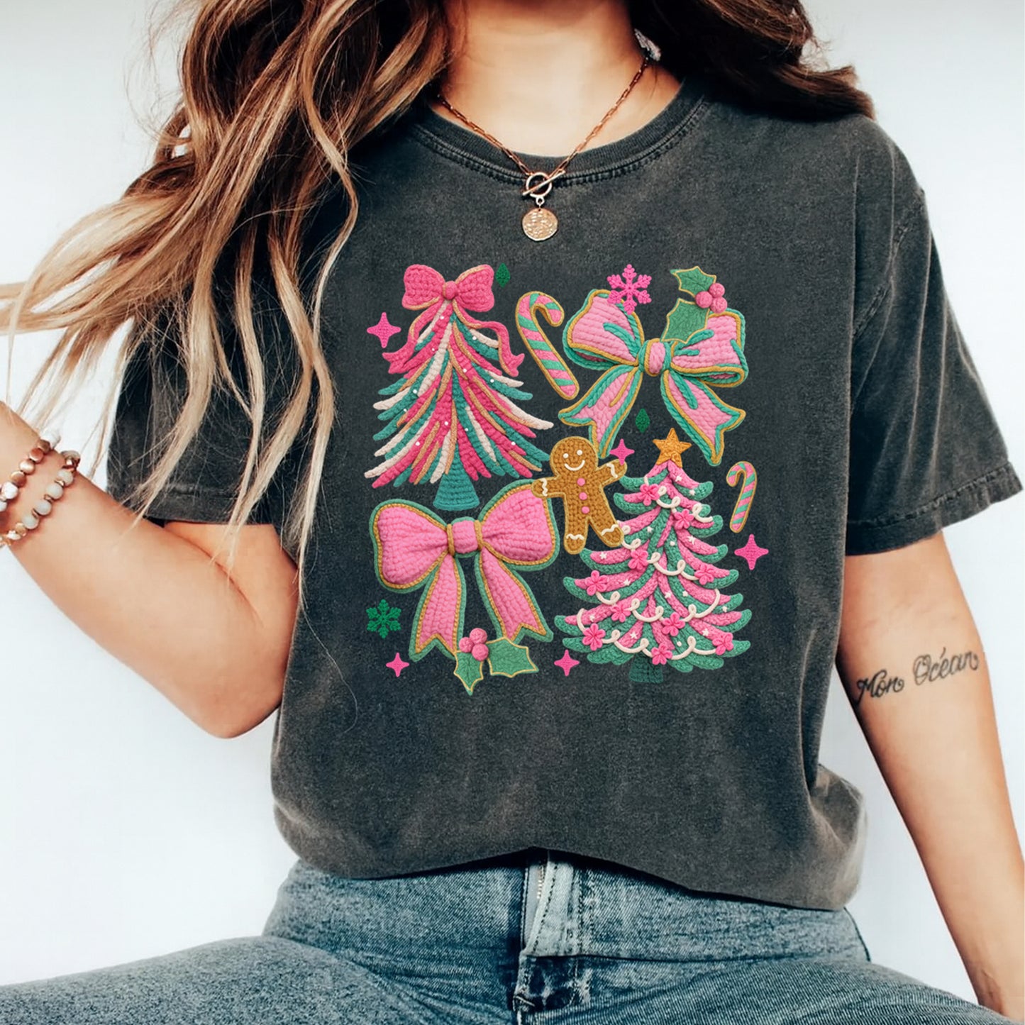 Christmas Yarn Crochet Pink Bows and Trees DTF Transfer – Ready to Press Iron On Heat Transfer for DIY Christmas Shirts 12279