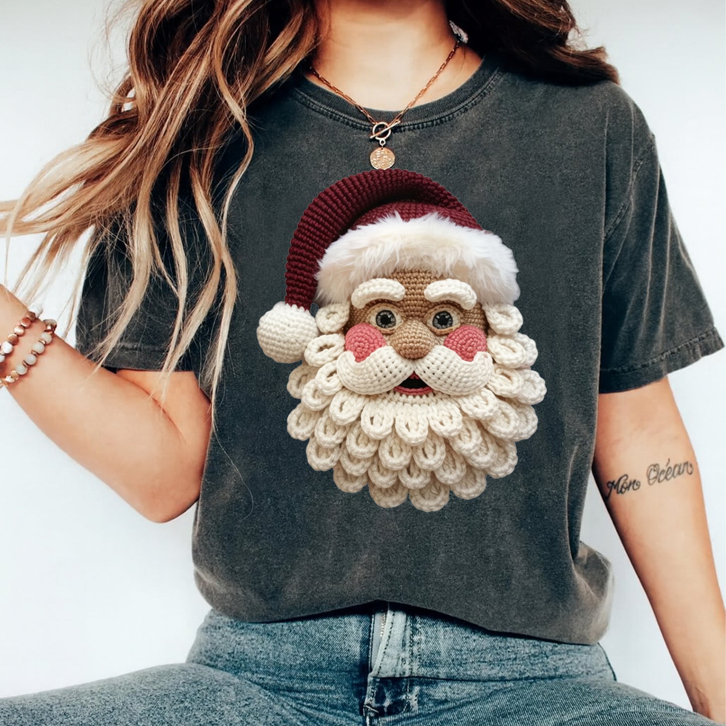 Christmas Yarn Crochet Santa Face DTF Transfer – Ready to Press Iron On Heat Transfer for DIY Christmas Shirts 12282