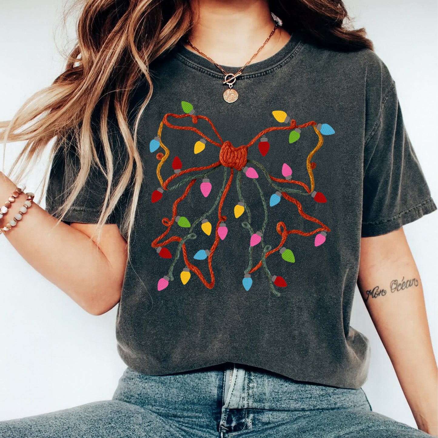 Christmas Yarn Crochet Bow with Colorful Lights DTF Transfer – Ready to Press Iron On Heat Transfer for DIY Christmas Shirts 12285